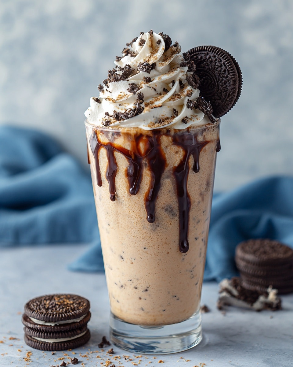 The image shows a tall clear glass filled with a creamy light beige drink mixed with thick dark brown chocolate syrup swirled inside the glass, creating a marble effect from top to bottom. The drink is topped with a thick layer of white whipped cream sprinkled with small dark chocolate crumbs. On top of the whipped cream rests a whole chocolate cream sandwich cookie slightly tilted. The glass is placed on a white marbled surface with some extra chocolate cream sandwich cookies and a blurred blue cloth in the background. Photo taken with an iphone --ar 4:5 --v 7