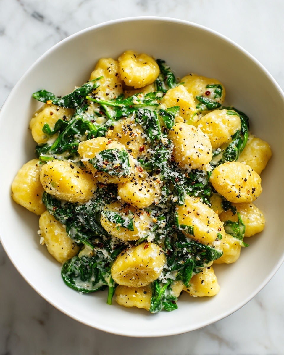 A bowl of soft yellow gnocchi pieces coated in a creamy sauce, mixed with bright green spinach leaves scattered evenly throughout. The dish is topped with a generous sprinkling of grated white cheese and small specks of black pepper over the entire surface. The food is served in a white bowl that has a slightly rough texture, placed on a white marbled surface. Photo taken with an iphone --ar 4:5 --v 7