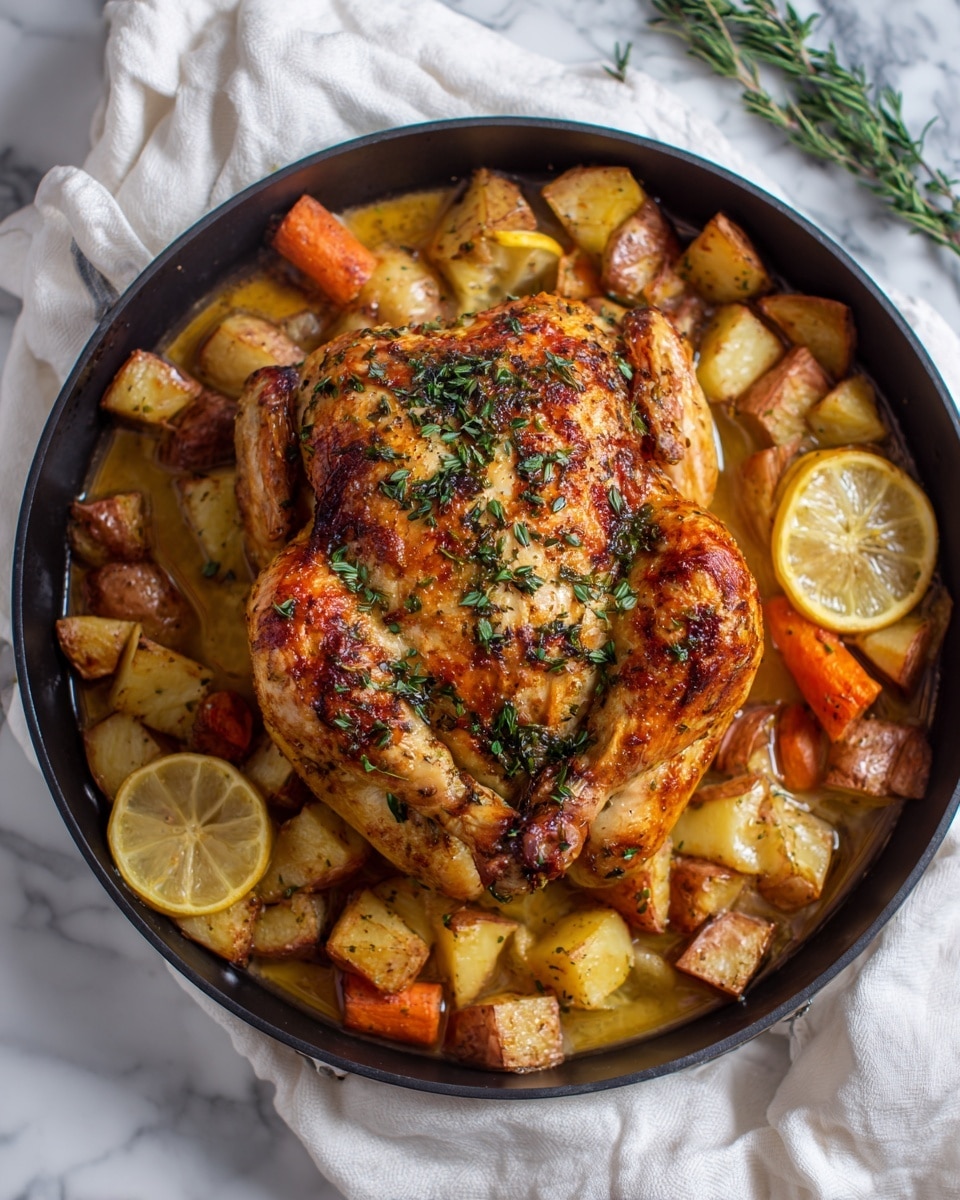 A whole roasted chicken with golden brown crispy skin, sprinkled with fresh green thyme leaves, sits in the center of a black pan. Around it, there are three layers: the bottom layer is a light brown sauce, the middle layer is a mix of roasted vegetables including light brown potatoes with seared edges, orange sweet potatoes, and sliced yellow lemon wedges, and the top layer consists of the chicken's golden skin with some darker browned spots and fresh green herb sprigs on top. The pan rests on a soft gray cloth with a white marbled background. Photo taken with an iphone --ar 4:5 --v 7