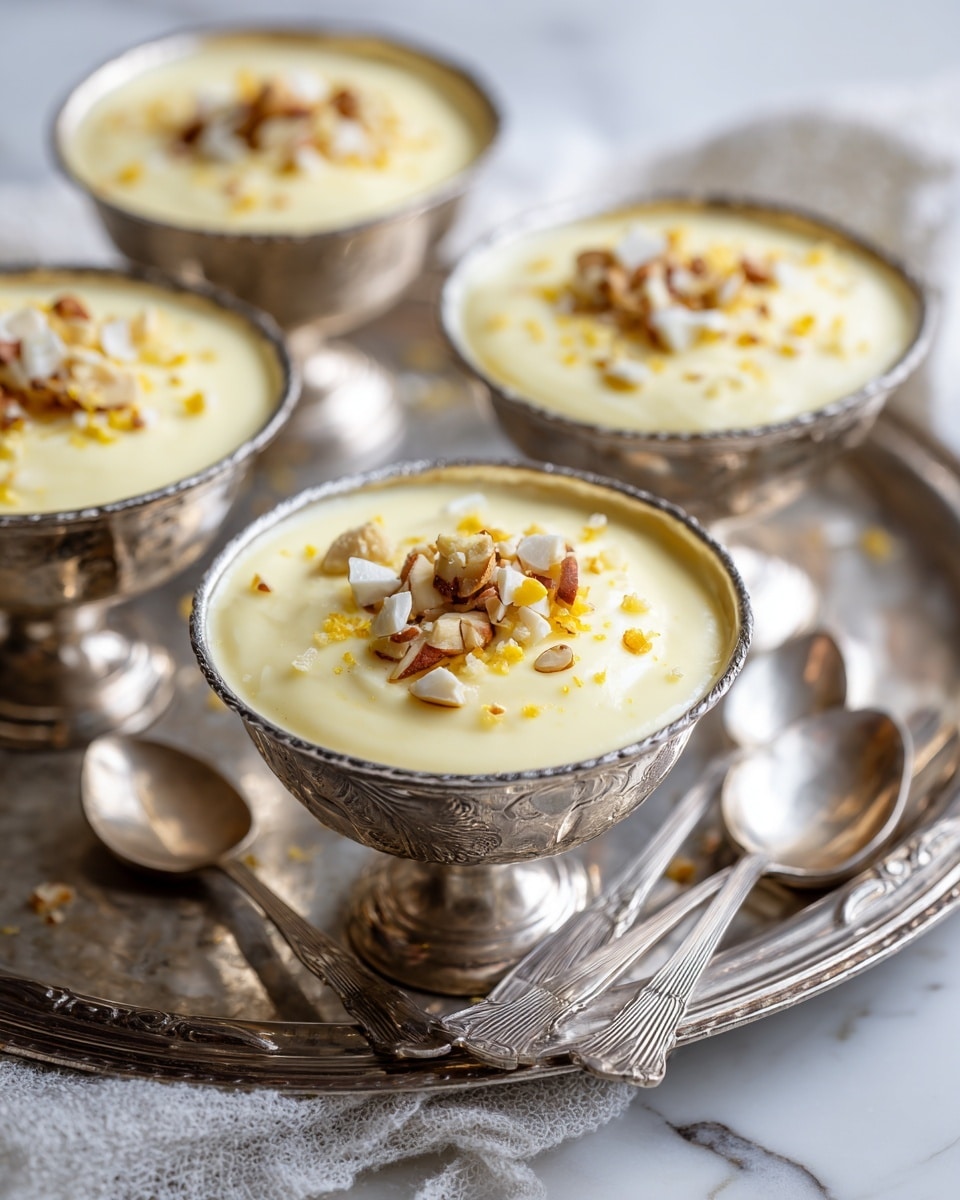 The image shows four bowls filled with a creamy, light yellow dessert that has a smooth texture. Each bowl is topped with a mix of chopped nuts including pieces of white cashews, almonds, and some small brown nuts, adding a crunchy texture to the soft dessert. The bowls are ornately designed with an intricate pattern and have a brownish tone. They are arranged on a rustic metal tray with two old-style metal spoons beside them, all placed on a white marbled surface. The close-up focuses on one bowl in the front, with the other three blurred in the background, giving a warm and inviting feel. photo taken with an iphone --ar 4:5 --v 7