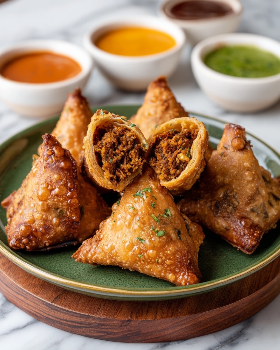 A round white plate sits on a white marbled surface holding five golden-brown samosas, four whole and one cut open to show a rich brown and textured minced meat filling with bits of green herbs inside. The samosas are triangular with a crisp and bubbly outer shell, arranged close together, slightly overlapping on the plate. In the background, there is a blurred white bowl filled with orange sauce and another white bowl holding green sauce, both slightly out of focus. photo taken with an iphone --ar 4:5 --v 7