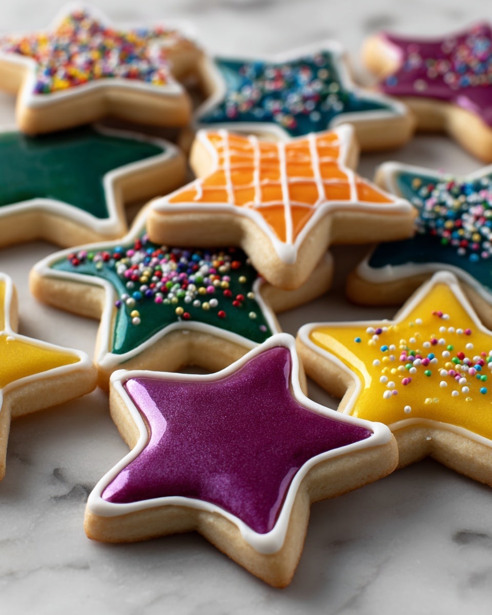 The image shows a group of star-shaped cookies on a white marbled surface. Each cookie has two layers: a base layer of golden brown baked dough with slightly darker edges and a smoother, glossy icing layer on top. The icings are in different bright colors including purple with multicolored sprinkles, orange with white lines forming a star pattern, blue with sparkly gold and silver sprinkles, teal green, and yellow-orange with white zigzags. Each cookie has a white icing outline tracing the star shape. A cooling rack is partially visible in the top left corner with one white-iced cookie on it. photo taken with an iphone --ar 4:5 --v 7