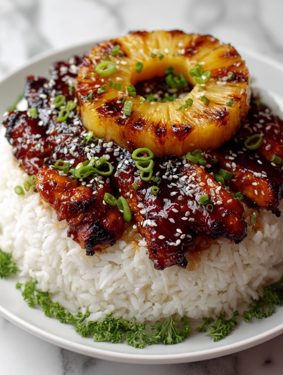 A close-up view of a layered dish with a base of white rice forming a neat mound, topped by a thick layer of glazed grilled shrimp that are dark orange with shiny, sticky sauce and sprinkled with white sesame seeds and small green onion slices. Above the shrimp lies a golden-brown grilled pineapple ring with char marks, garnished with more chopped green onions. The dish is decorated with leafy green herbs around the base and sits on a white plate, against a white marbled textured surface. photo taken with an iphone --ar 4:5 --v 7