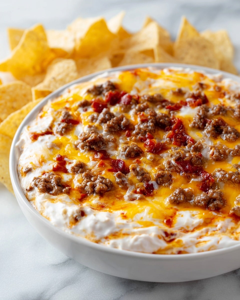 A white bowl filled with a creamy, thick dip showing three main layers: the bottom layer is light beige and creamy, topped with a middle layer of melted yellow and white cheese blending together smoothly, and the top layer includes small brown cooked ground meat pieces scattered evenly along with small, bright red tomato chunks. On the upper edge, yellow corn tortilla chips are placed partially dipped into the dip. The bowl is placed on a white marbled surface, creating a clean and simple background. photo taken with an iphone --ar 4:5 --v 7