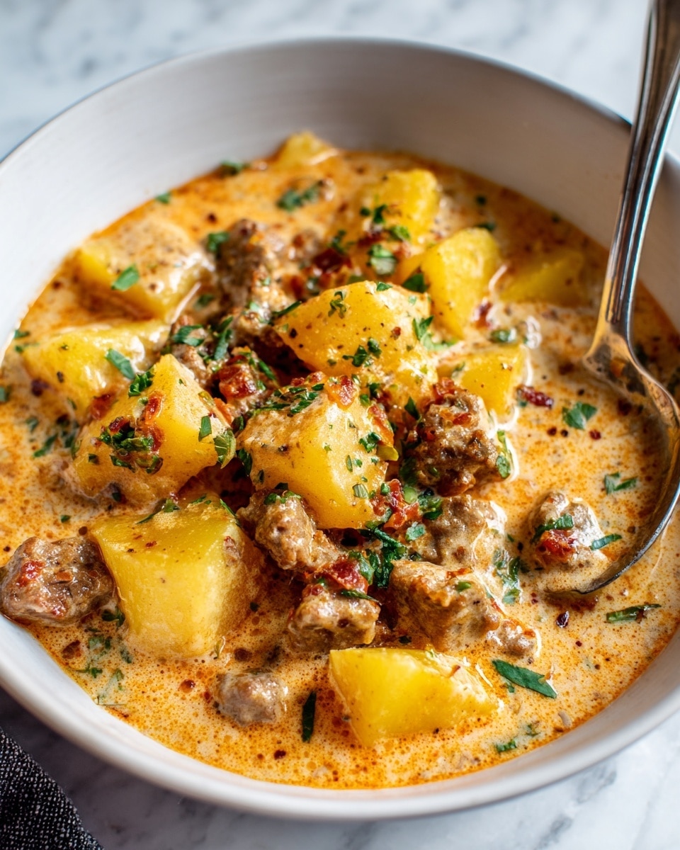 The dish is a creamy stew served in a white bowl on a white marbled surface. The stew has a thick light orange sauce with small chunks of ground meat spread evenly throughout. Large yellow potato pieces are mixed in, some partially submerged in the sauce. Small green herb leaves and bits of red chili are sprinkled on top, adding texture and color contrast. A silver spoon rests inside the bowl, showing some soup on it. The overall look is rich and hearty with warm colors. photo taken with an iphone --ar 4:5 --v 7