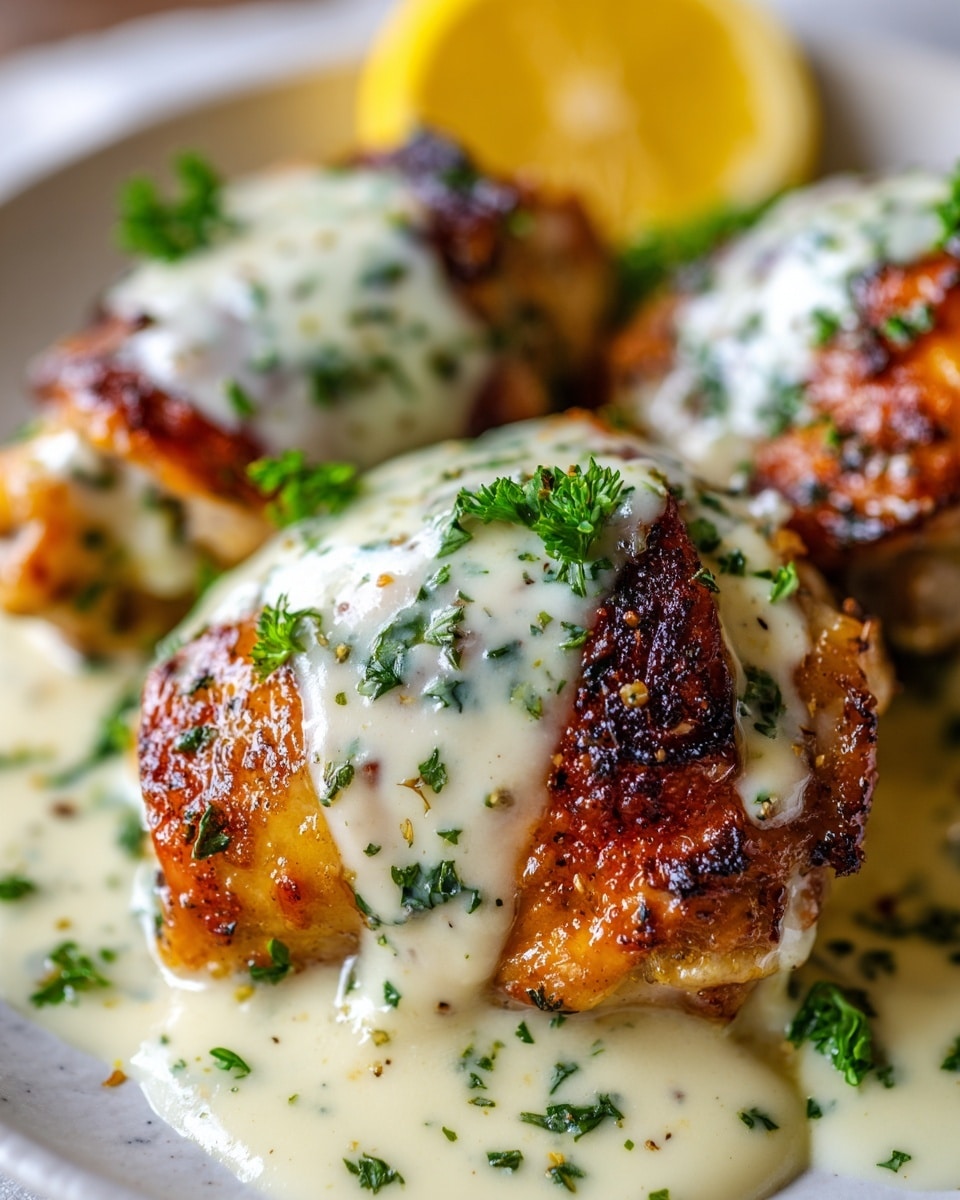 A close-up view of three golden brown baked potato halves covered generously with a creamy white sauce that has small green herb specks sprinkled on top. The sauce looks smooth and thick, softly flowing over the warm potatoes. The background shows a white marbled texture with a blurred yellow element in the back, likely lemon slices. The image looks cozy and rich, inviting and fresh. Photo taken with an iphone --ar 4:5 --v 7