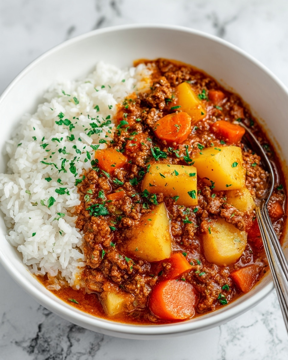 A white bowl filled with two main layers: one side has white cooked rice with a fluffy texture, while the other side features a hearty beef stew with small chunks of browned ground beef, diced orange carrots, yellow and white potato pieces, and translucent cooked onions, all mixed in a rich brown sauce. The stew is garnished with small, bright green chopped herbs sprinkled evenly on top. A silver fork is placed inside the bowl on the right side, touching the rice. The bowl is set on a blue and white striped cloth over a white marbled surface. photo taken with an iphone --ar 4:5 --v 7