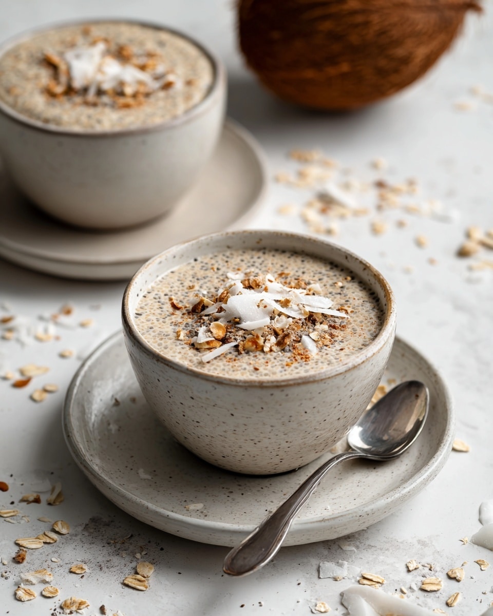 The image shows two round bowls filled with a creamy, white pudding that has tiny dark seeds mixed in, topped with light brown oats and white coconut flakes. The bowl in front is placed on a white plate with a slightly rough blue and brown edge, alongside a silver spoon resting on the plate. The background includes a large brown coconut and a second bowl, slightly blurred, on a white marbled surface. Some oats and coconut flakes are scattered around the plate for a natural look. Photo taken with an iphone --ar 4:5 --v 7
