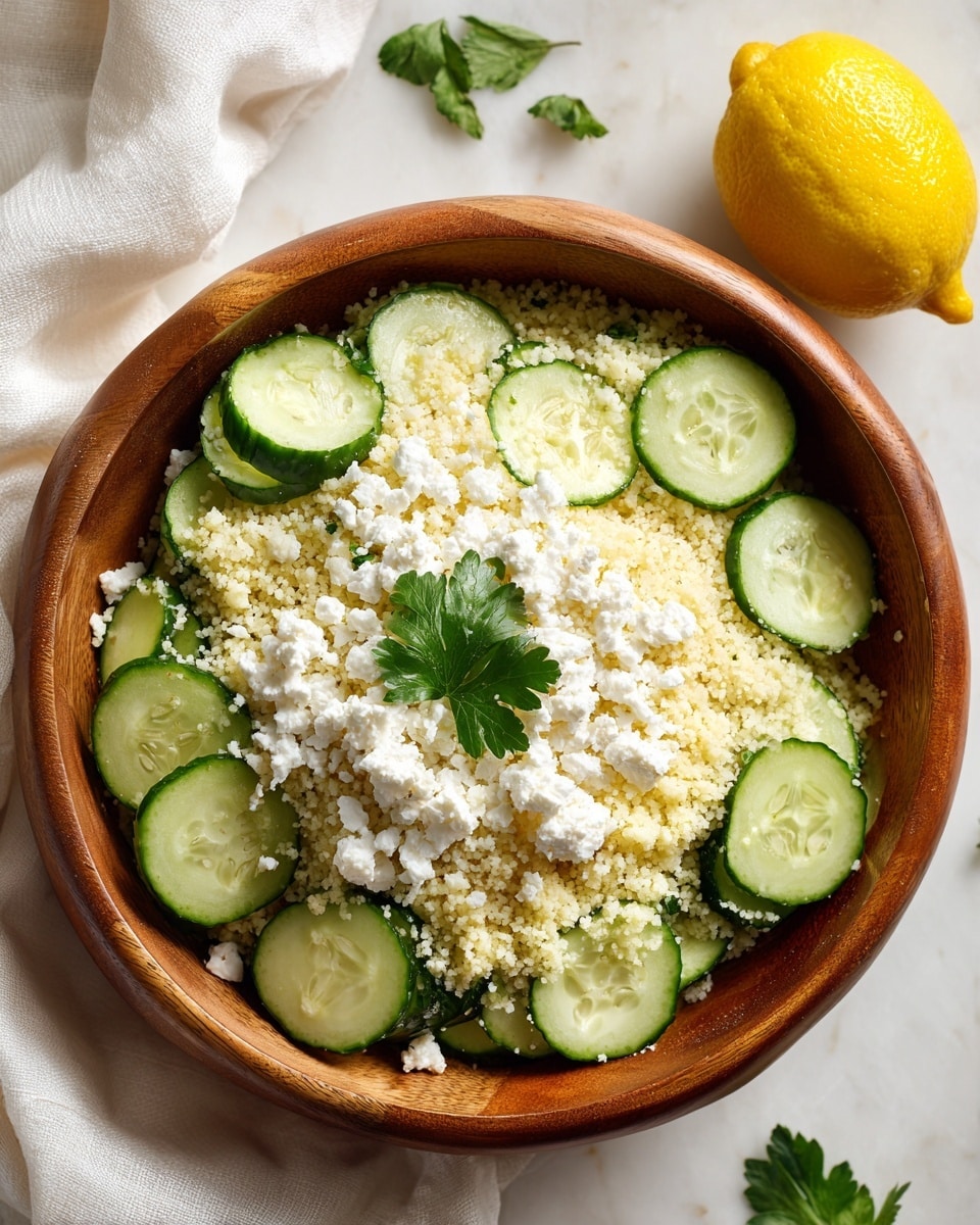 A wooden bowl filled with three main visible layers, placed on a white marbled textured surface with a white cloth underneath. The bottom layer consists of light yellow couscous grains separated clearly, creating a soft base. On top of it lies a layer of fresh green cucumber slices, evenly scattered around the bowl's edge and center. The top layer is made of white crumbly feta cheese chunks garnished with a few smooth parsley leaves centrally placed, adding a pop of vibrant green. A whole yellow lemon is placed on the surface to the top right of the bowl. Photo taken with an iphone --ar 4:5 --v 7