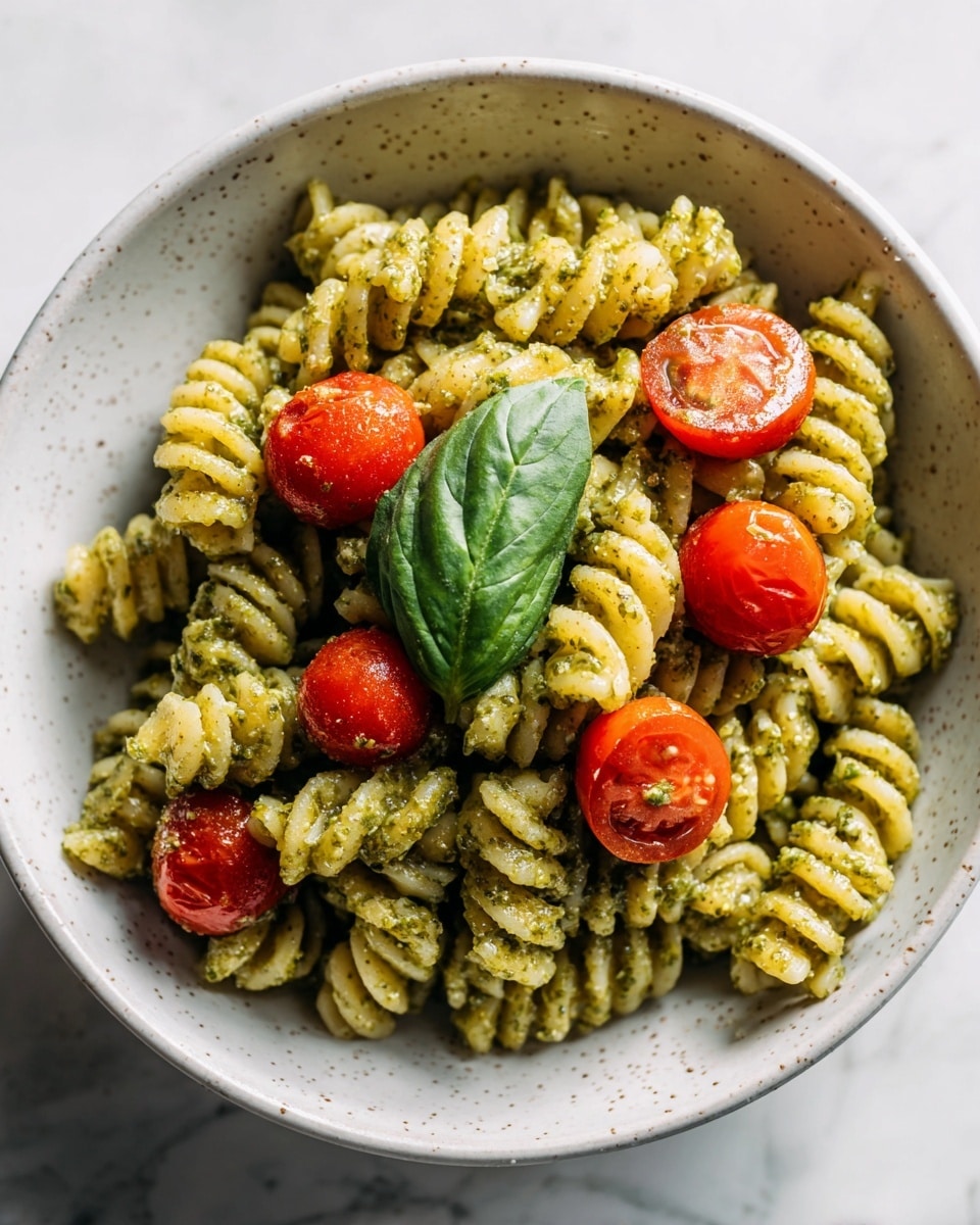 A bowl filled with a layer of cooked fusilli pasta mixed with green pesto sauce, showing a creamy texture coating each spiral piece. On top, there are four bright red cherry tomatoes, some whole and one cut in half, glistening with a bit of sauce. A small sprig of fresh green basil rests near the center, adding a contrasting color. The bowl is white with a simple design, placed on a white marbled surface. photo taken with an iphone --ar 4:5 --v 7