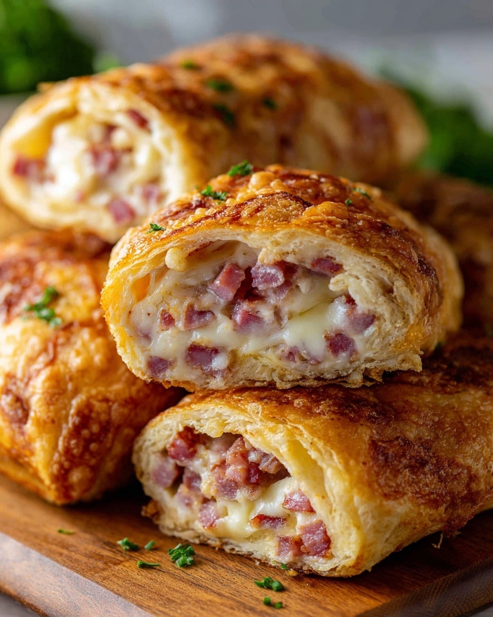 Several fried rolls are stacked on a wooden board. Each roll has a golden brown crispy outer layer with a slightly wrinkled texture. Inside, there are two visible layers: a creamy melted cheese layer that is light yellow and smooth, and a pinkish-red finely chopped meat layer mixed with the cheese. The rolls are cut to show the filled cross-section, with the filling slightly oozing out. The background is softly blurred. Photo taken with an iphone --ar 4:5 --v 7