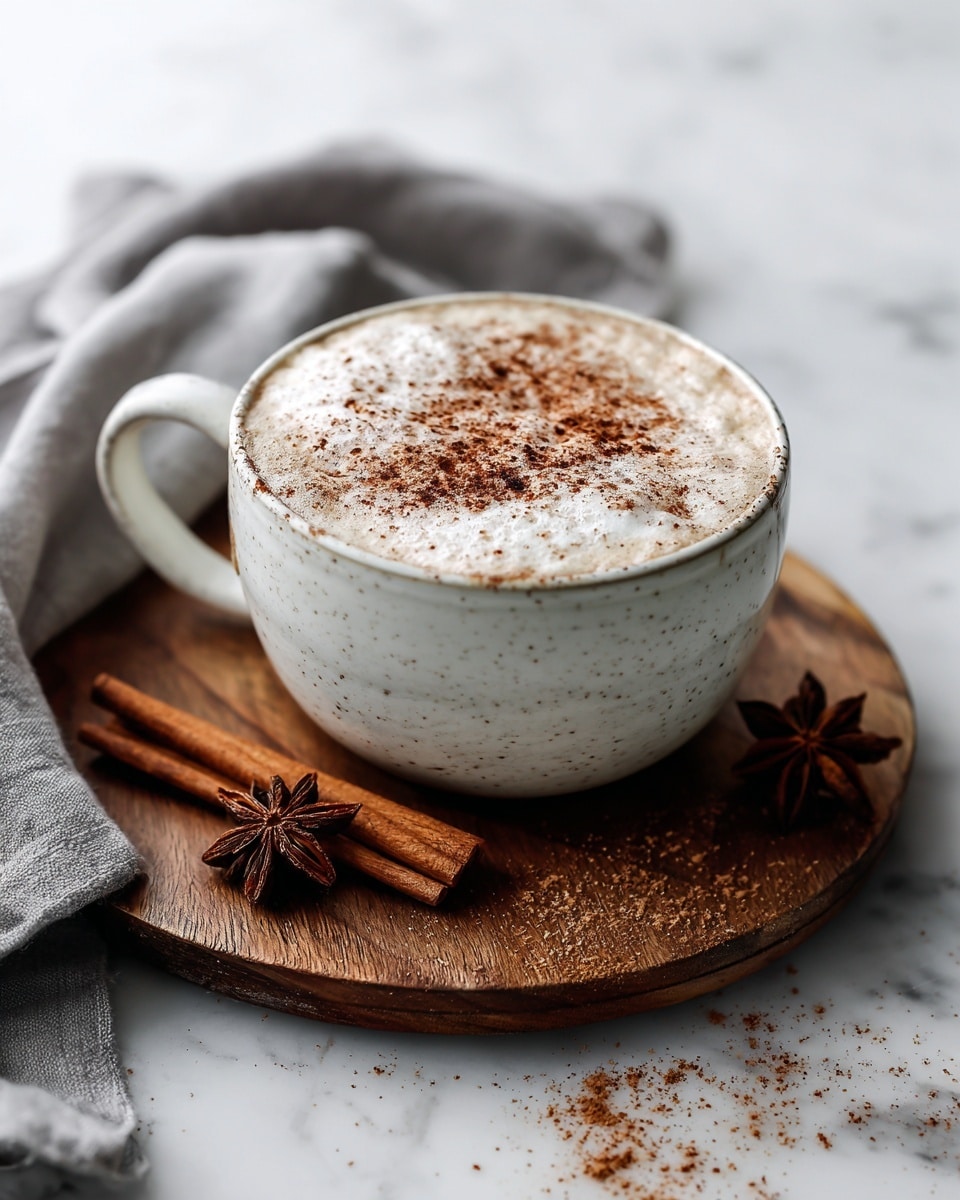 A white ceramic cup with a subtle speckled texture holds a creamy latte topped with frothy milk foam. Light brown cinnamon powder is sprinkled over the foam, creating a soft, uneven pattern. The cup is placed on a round wooden board, which has scattered cinnamon powder, a star anise, and two cinnamon sticks resting alongside the cup. A grey linen cloth is draped casually nearby on a white marbled surface. The scene has a warm, cozy feel. photo taken with an iphone --ar 4:5 --v 7