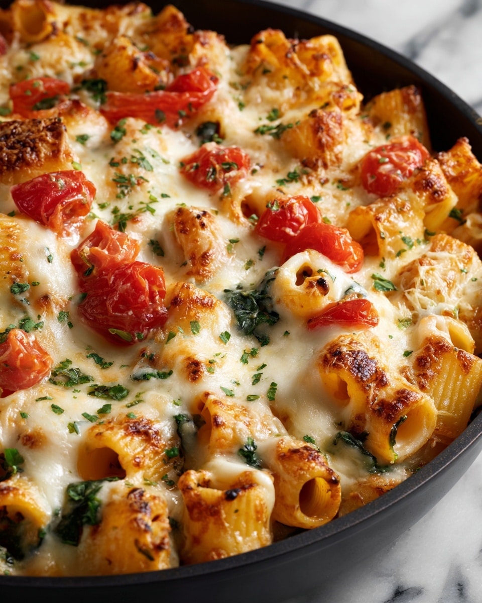A close-up view of a black pan filled with baked pasta, showing one main layer of tube-shaped rigatoni pasta mixed with melted, slightly browned white cheese on top. The pasta is coated in an orange-red tomato sauce and mixed with small green vegetable pieces and bright red tomato chunks. Small spots of dark seasoning and fresh chopped green herbs are sprinkled over the dish. The pan rests on a white marbled textured surface. photo taken with an iphone --ar 4:5 --v 7