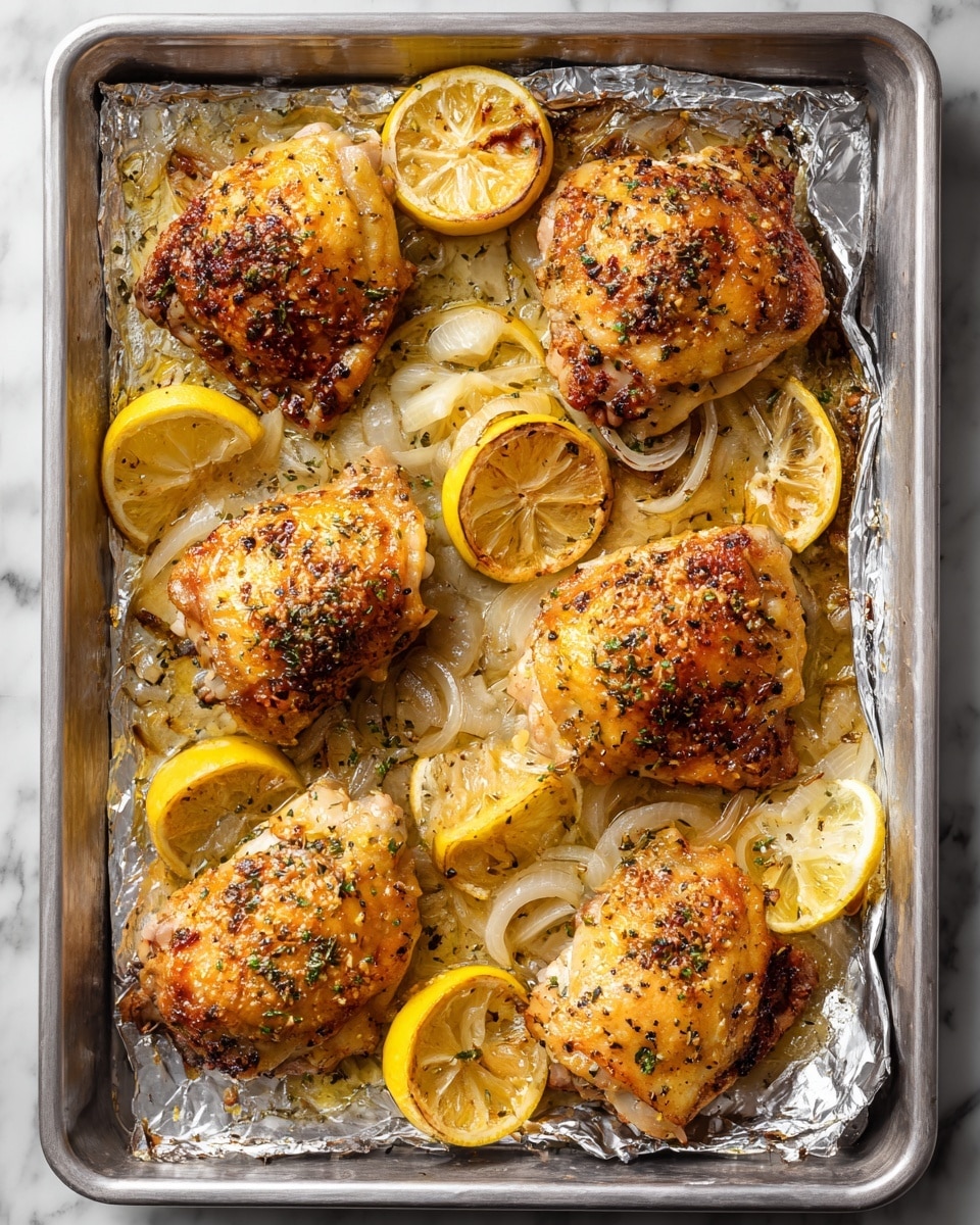 The image shows a close-up of baked chicken thighs arranged on a foil-lined tray. There are two main layers: the chicken thighs on top, which are golden brown with charred spots and herbs sprinkled all over, and lemon slices underneath and around the chicken, giving a yellow and slightly translucent texture. The tray holds a mix of small lemon wedges, softened herbs, and bits of seasoning all covered in a shiny layer of cooked juices, creating a warm, appetizing look. The metallic edges of the foil tray contrast with the food, with a white marbled surface barely visible around it. Photo taken with an iphone --ar 4:5 --v 7
