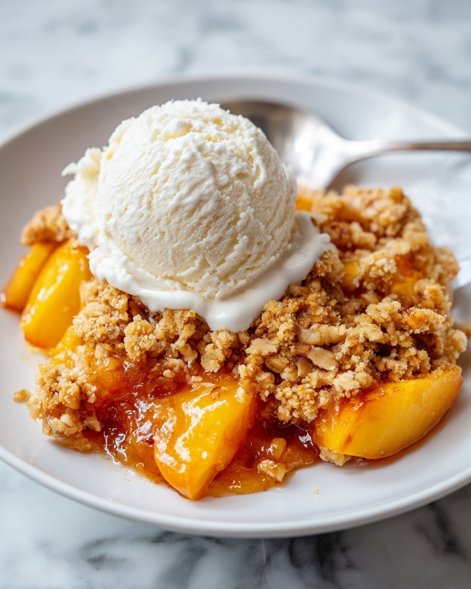 The image shows a serving of peach crumble on a white plate placed on a white marbled surface. The dessert has two main layers: the bottom layer consists of glossy, soft, orange-yellow peach slices covered in a syrupy glaze, and the top layer is a thick, crumbly, golden-brown streusel with a rough texture. A scoop of smooth, white vanilla ice cream sits on top of the crumble, starting to melt slightly and drip down the sides. The background is softly blurred with cool green and blue tones. photo taken with an iphone --ar 4:5 --v 7