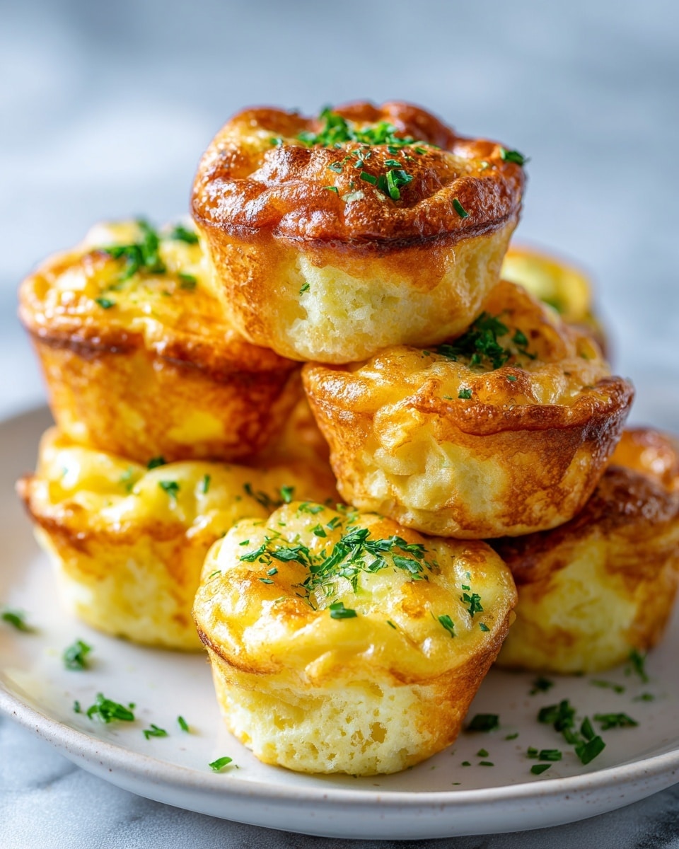 The image shows several golden-brown cheese egg muffins stacked on top of each other on a white plate, placed on a white marbled surface. Each muffin has a slightly crispy, browned top with melted cheese and small green herbs sprinkled over. The muffins’ sides are light and fluffy with a soft texture, showing a mix of white egg and cheese colors. The close-up shot captures the detailed texture of the melted cheese and airy egg layers. Photo taken with an iphone --ar 4:5 --v 7