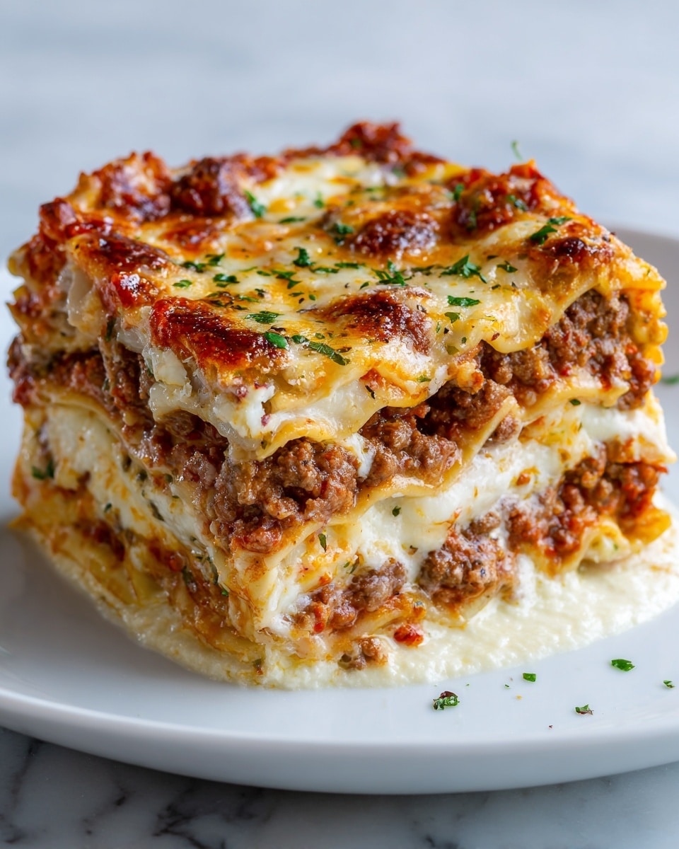 A thick slice of lasagna is shown on a white plate, resting on a white marbled surface. The lasagna has three main layers: the bottom layer is a baked pasta sheet with melted cheese visible along the edges, the middle layer is a rich, chunky meat sauce with a deep red color and small bits of herbs, and the top layer is a creamy white sauce topped with golden-brown melted cheese that is slightly bubbly and sprinkled with small green herbs. The textures vary from smooth and creamy on top to thick and meaty in the middle, with the pasta layers holding everything together clearly. photo taken with an iphone --ar 4:5 --v 7