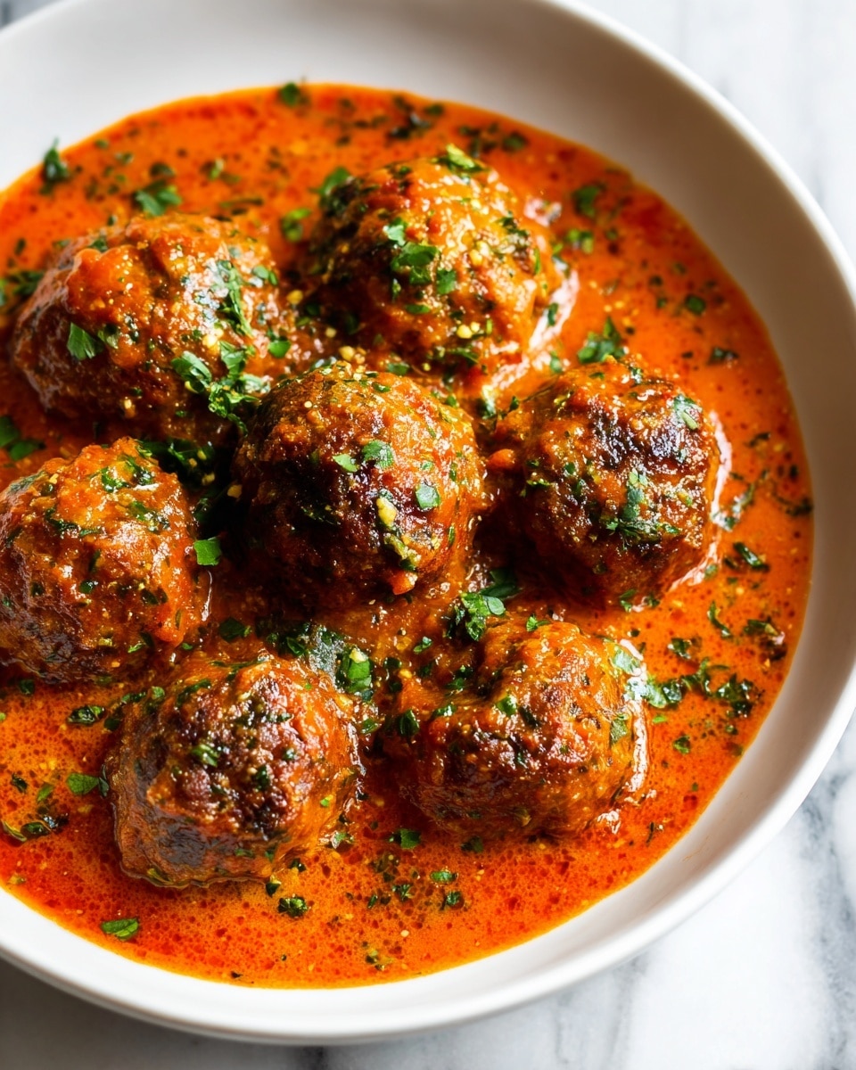 The image shows a white bowl filled with round meatballs covered in thick, rich red-orange sauce with specks of green herbs sprinkled all over. The sauce looks creamy and slightly oily, giving a shiny texture to the dish. The meatballs sit close together, almost touching, and the sauce partially pools around them, with small green herb bits scattered on top. The background is a white marbled texture. photo taken with an iphone --ar 4:5 --v 7