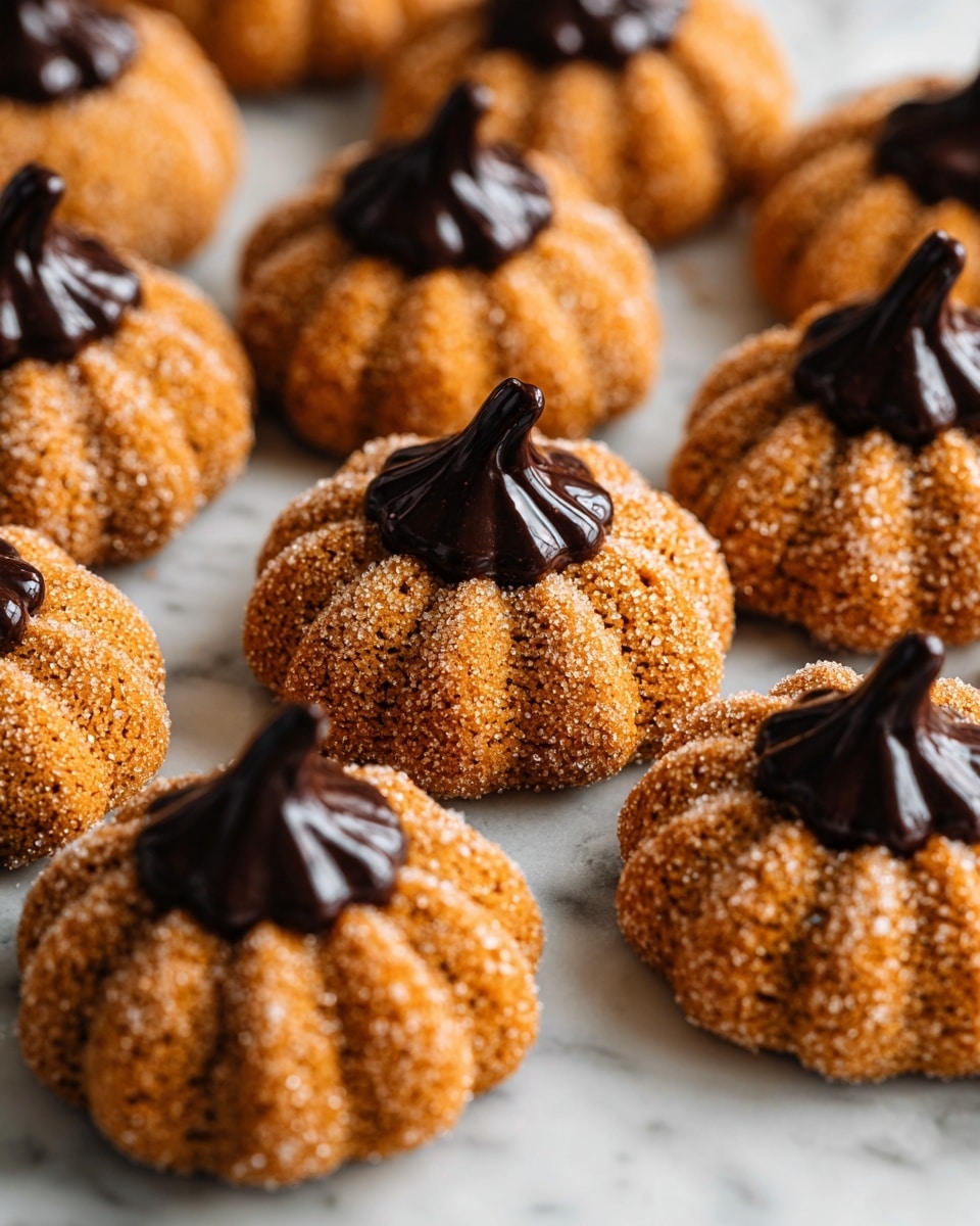 The image shows many small round pumpkin-shaped sweets with a textured orange surface dusted with fine sugar. Each sweet has deep vertical grooves that give a realistic pumpkin look. On top of each pumpkin-shaped sweet, there is a small dollop of dark chocolate, smooth and shiny, placed in the center. All the sweets are arranged closely together on a white marbled surface. In the background, a woman’s hand is gently touching one of the sweets. photo taken with an iphone --ar 4:5 --v 7
