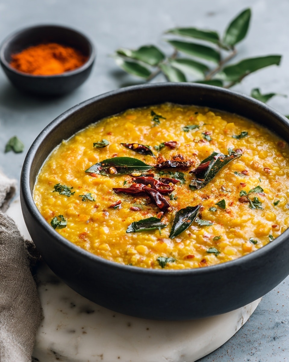 A close-up top view of a black bowl filled with a thick, yellow-orange textured dal soup showing small lentils and mustard seeds. The surface of the dal is garnished with red dried chilies and scattered green herb leaves, adding pops of color. The bowl is placed on a white marbled surface with a gray cloth partially visible on the left. Photo taken with an iphone --ar 4:5 --v 7