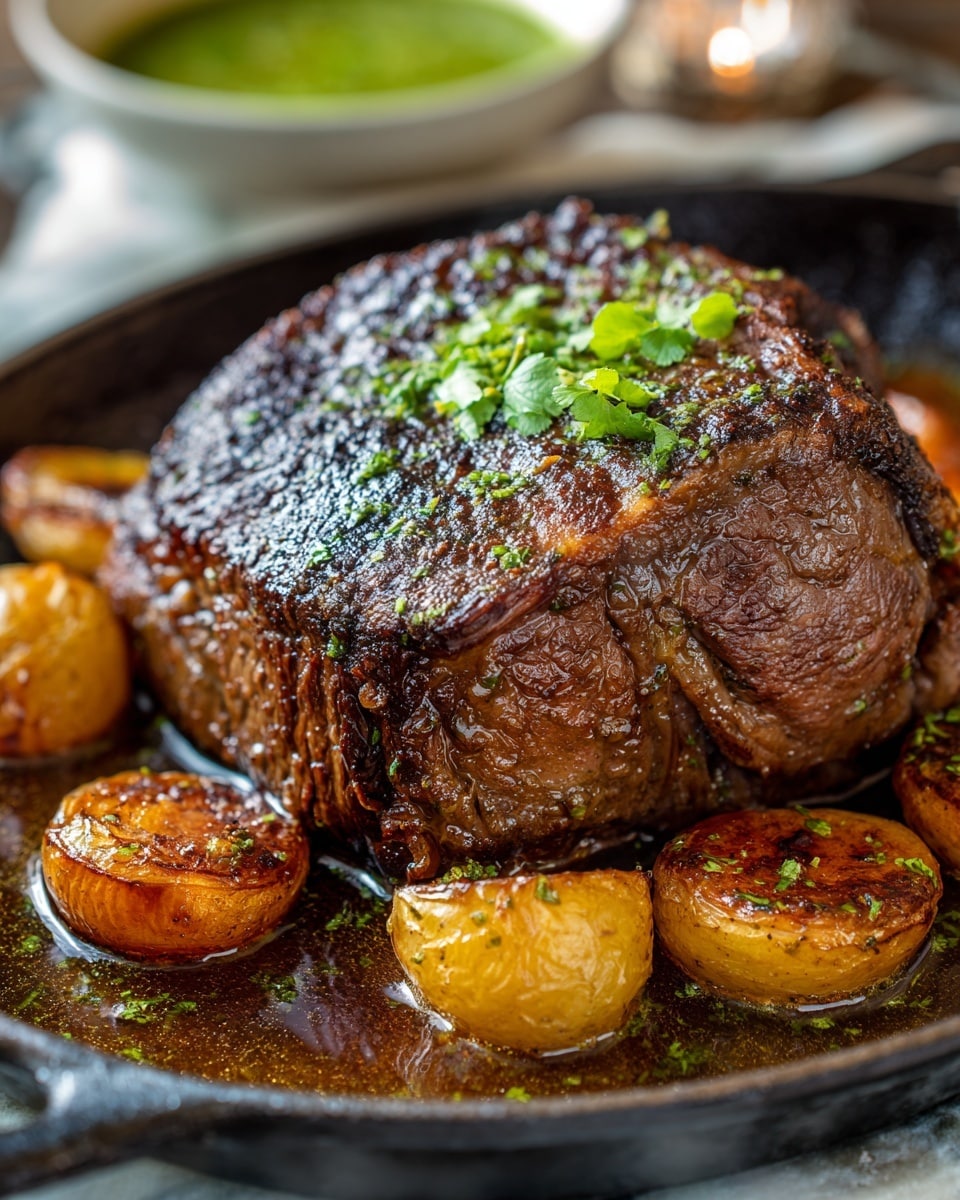 A large piece of roasted meat with a dark brown, slightly charred crust topped with small green herb leaves sits in a black tray filled with rich brown juices. The meat is sliced to show a thick, pale pink inside. Around the meat, there are golden brown roasted potatoes with a slightly crispy texture. In the blurred background, a bowl with a creamy green sauce is visible. The tray is on a white marbled surface with a soft, folded white cloth nearby. Photo taken with an iphone --ar 4:5 --v 7