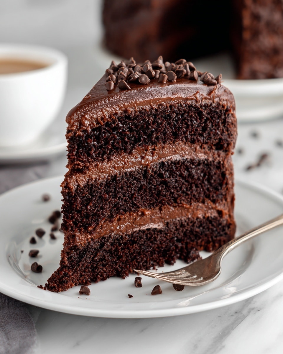 A close-up view of a three-layer chocolate cake slice on a white plate, placed against a white marbled texture. The bottom and middle layers are rich, moist dark chocolate cake with a slightly crumbly texture. Between these layers and on top sits smooth, thick dark chocolate frosting with a glossy finish. The top layer of frosting is decorated with small, shiny dark chocolate chips scattered over it, adding texture and depth to the dessert. In the blurred background, the rest of the cake and a white cup are faintly visible. photo taken with an iphone --ar 4:5 --v 7
