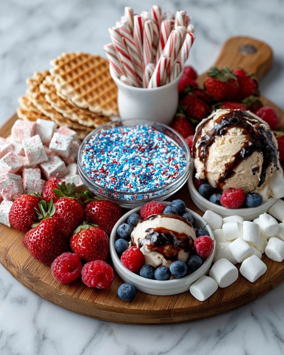 A round wooden board is filled with various colorful treats arranged in sections. At the center, a small round bundle of light brown cake is topped with swirls of chocolate sauce, fresh red strawberries, and blue blueberries. To the right and left sides, there are clusters of white marshmallows and pieces of peppermint bark with red and white stripes. Near the back, a small white bowl contains graham crackers drizzled with white cream and a red-and-white striped candy cane sticking out. Another small clear bowl near the front holds lots of blue, white, and red sprinkles. Surrounding these, whole red strawberries are placed around the board. The background shows a white marbled surface and a blurry background with the American flag colors visible. photo taken with an iphone --ar 4:5 --v 7