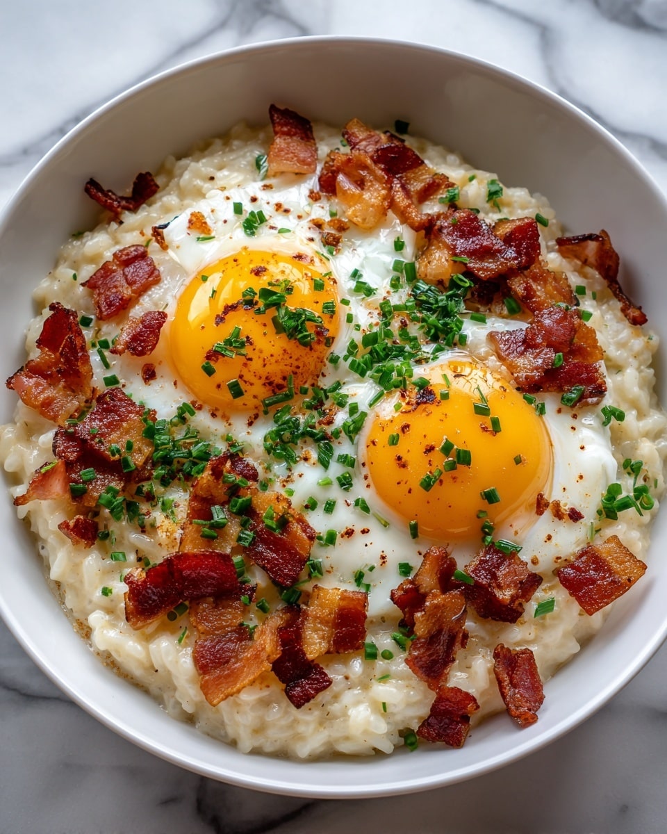 A white bowl filled with creamy beige oatmeal topped with two sunny-side-up eggs, their bright yellow yolks slightly runny. Around the eggs are small bits of crispy brown bacon scattered, and the dish is sprinkled with finely chopped green herbs for a fresh touch. The oatmeal looks smooth and thick with a hint of melted cheese oozing softly around the eggs. The bowl sits on a white marbled surface. Photo taken with an iphone --ar 4:5 --v 7