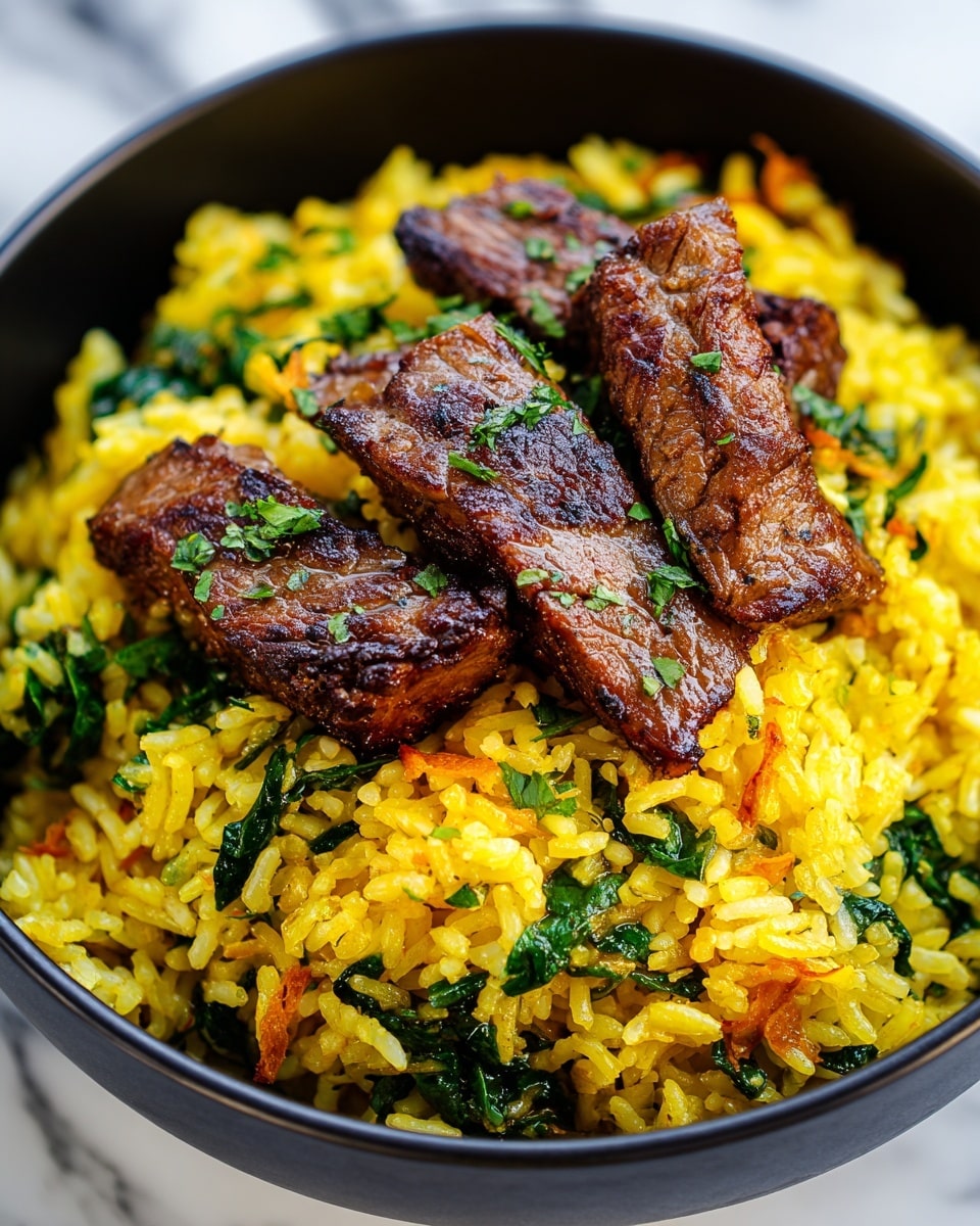 The image shows a close-up of a dark bowl filled with yellow rice mixed with chopped green vegetables and small pieces of orange carrot. On top of the rice, there are three pieces of browned meat, cooked with a slightly crispy outer layer and tender inside. The colors contrast well, with the bright rice and greens beneath the rich brown meat, garnished lightly with herbs. The bowl is set on a white marbled surface. photo taken with an iphone --ar 4:5 --v 7