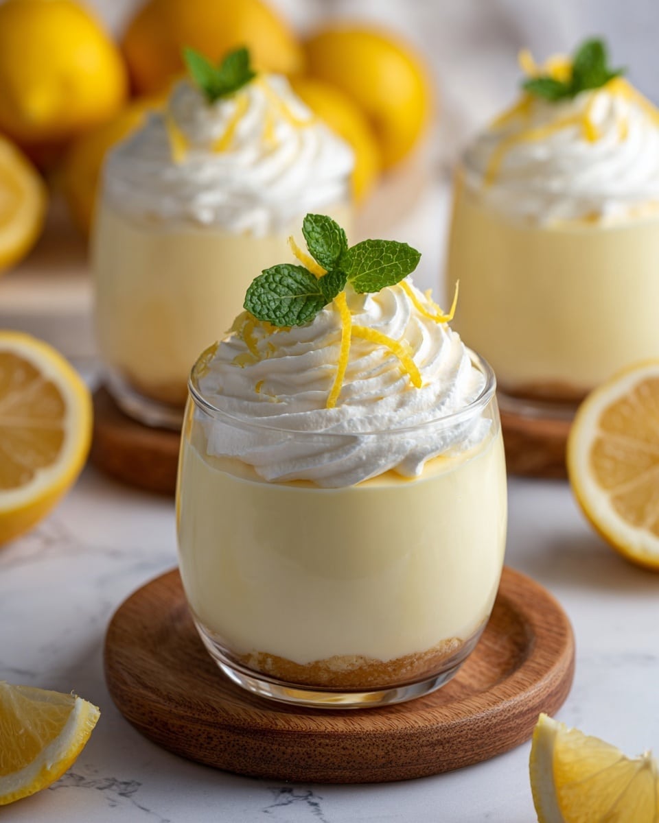 A clear glass cup holds a two-layer dessert placed on a wooden board over a white marbled surface; the bottom layer is smooth, pale yellow custard, topped with a thick swirl of white whipped cream. The whipped cream is decorated with thin yellow lemon zest strips and a small green mint leaf at the peak. In the background, slightly blurred, are two more glass cups with the same dessert and whole and sliced lemons scattered around. A white cloth is partially visible on the left side. photo taken with an iphone --ar 4:5 --v 7