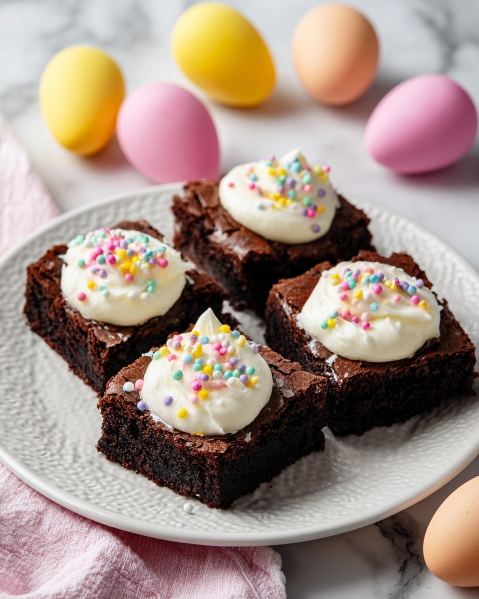 Four small square chocolate brownies with a dark, rich texture sit on a white plate with a patterned edge. Each brownie has one thick dollop of creamy white frosting on top, decorated with multicolored round sprinkles in pink, green, yellow, blue, and orange. The plate is on a white marbled surface, and colorful pastel eggs in pink, yellow, and orange are scattered around it. The brownies have a slightly rough texture on the sides and a moist appearance. Photo taken with an iphone --ar 4:5 --v 7