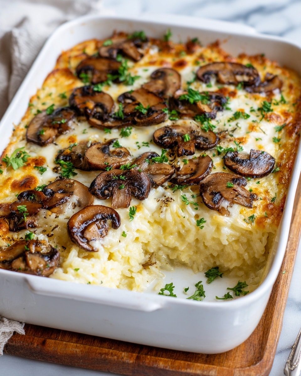 A white rectangular baking dish filled with three layers: the bottom layer is creamy pale yellow risotto rice, the middle layer consists of glossy brown sliced mushrooms evenly spread, and the top layer has melted white cheese covering the mushrooms and rice, topped with small bright green parsley leaves scattered over the surface. The dish sits on a wooden surface with a white marbled texture visible around. photo taken with an iphone --ar 4:5 --v 7