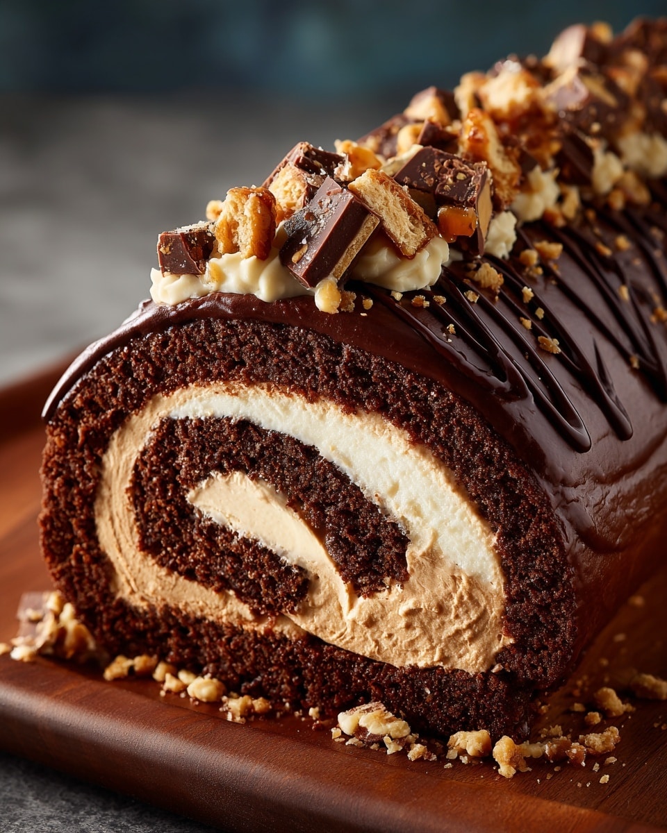 A sliced chocolate and peanut butter roll cake shown close-up on a wooden board, with visible layers starting from a dark, moist chocolate cake base spiraled with smooth, light brown peanut butter filling. The outside is coated with glossy dark chocolate ganache, topped with chopped pieces of chocolate and crunchy peanut bits arranged in a neat row along the top, with some crumbs scattered around the base. The background is softly blurred with warm tones, highlighting the texture and rich colors of the roll cake. Photo taken with an iphone --ar 4:5 --v 7