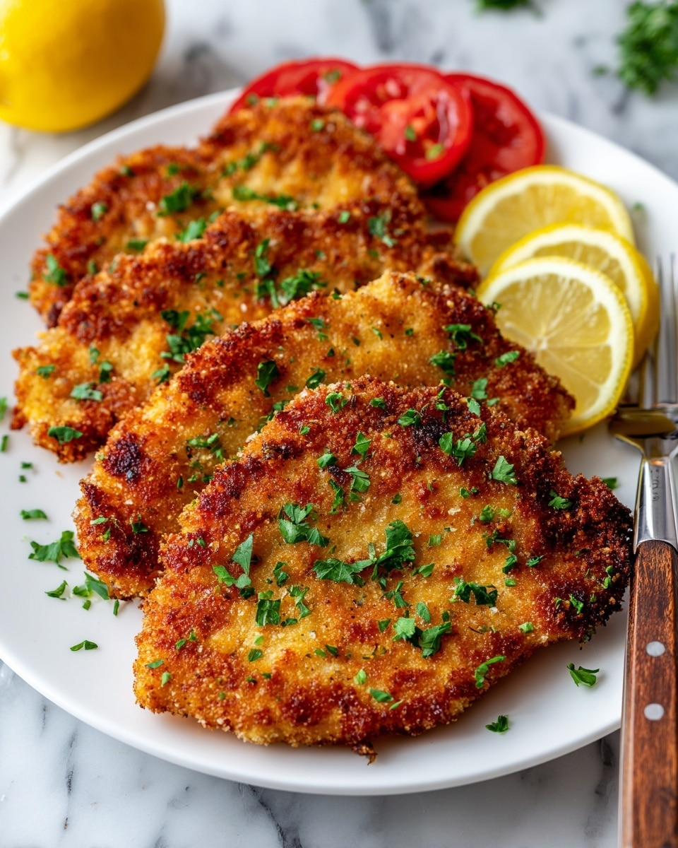 The image shows a white plate with five pieces of breaded and fried chicken cutlets layered slightly overlapping on the plate, each cutlet golden brown with a crispy texture and sprinkled with chopped green parsley. On the right side of the plate, there are three thin yellow lemon slices placed on top of the cutlets. In the background, whole and cut yellow lemons and halved bright red cherry tomatoes add color contrast. The plate rests on a white marbled surface with a knife visible on the bottom right. photo taken with an iphone --ar 4:5 --v 7