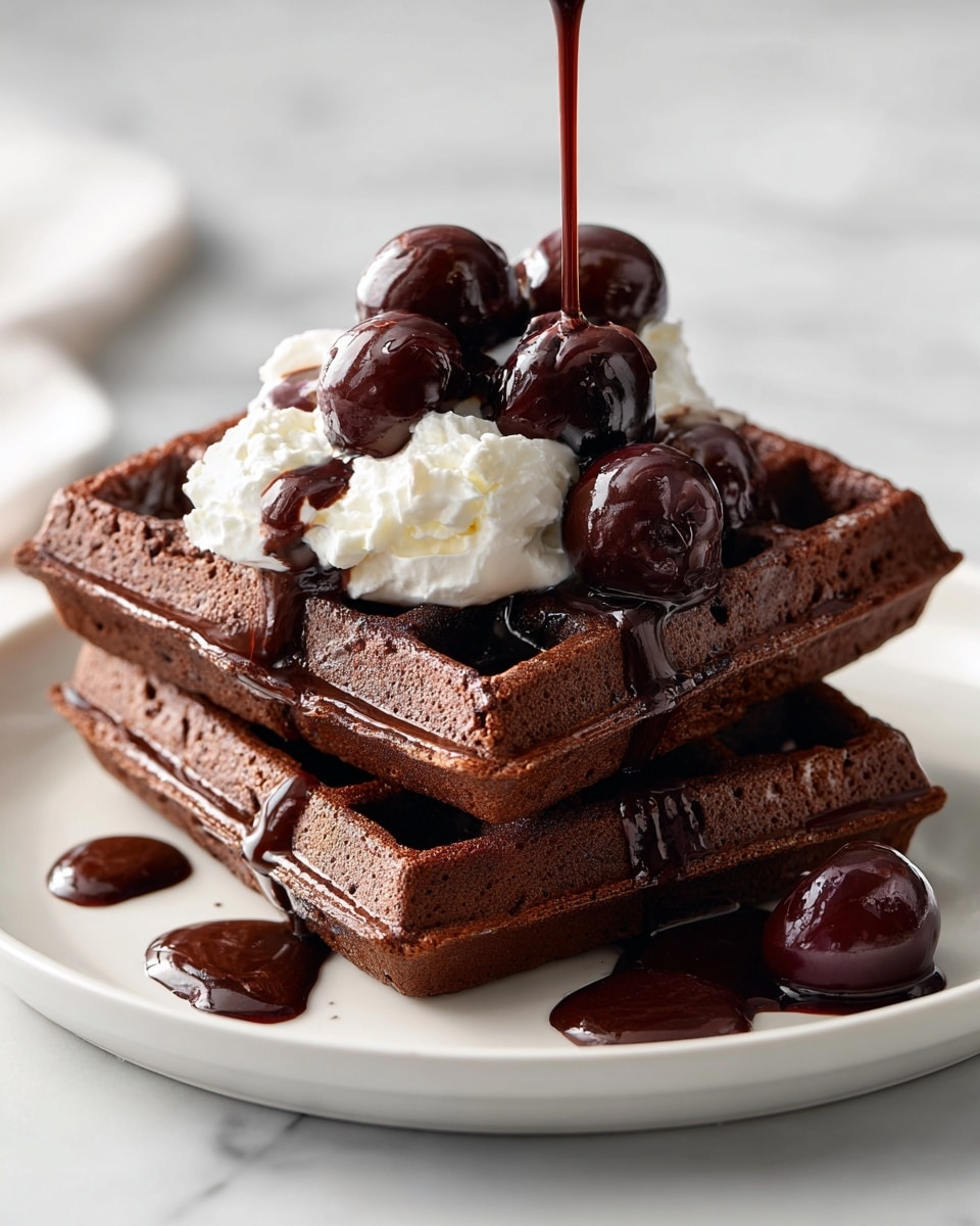 Two dark brown chocolate waffles are stacked on a white plate set on a white marbled surface. A dollop of white whipped cream sits in the center on top of the waffles, surrounded by small, shiny black cherries. Thick chocolate sauce drips generously over the top waffle, pooling slightly on the plate below. In the blurred background, a white bowl filled with more whipped cream can be seen. photo taken with an iphone --ar 4:5 --v 7