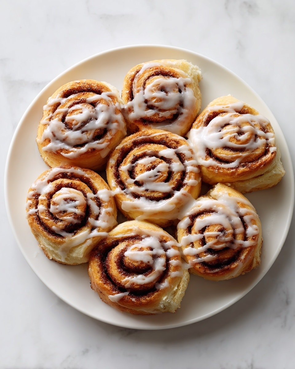 A white plate with eight cinnamon rolls arranged neatly in a circle. Each roll has a golden-brown color with swirled layers that show the cinnamon filling inside. The tops of the rolls are drizzled with a fine white icing in thin lines, creating a slightly glossy texture. The background is a white marbled surface that adds a clean and bright look. Photo taken with an iphone --ar 4:5 --v 7