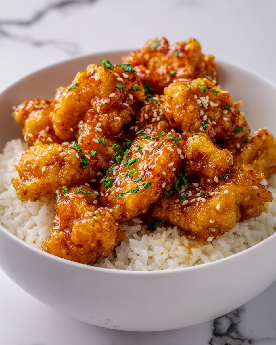 The image shows a white bowl filled with a bed of fluffy white rice at the bottom, topped with several pieces of glossy, golden-brown chicken coated in a sticky, rich sauce. The chicken pieces appear tender with a slight shine, sprinkled lightly with chopped green onions and sesame seeds, adding tiny pops of green and white on top. The bowl is placed on a white marbled surface. Photo taken with an iphone --ar 4:5 --v 7