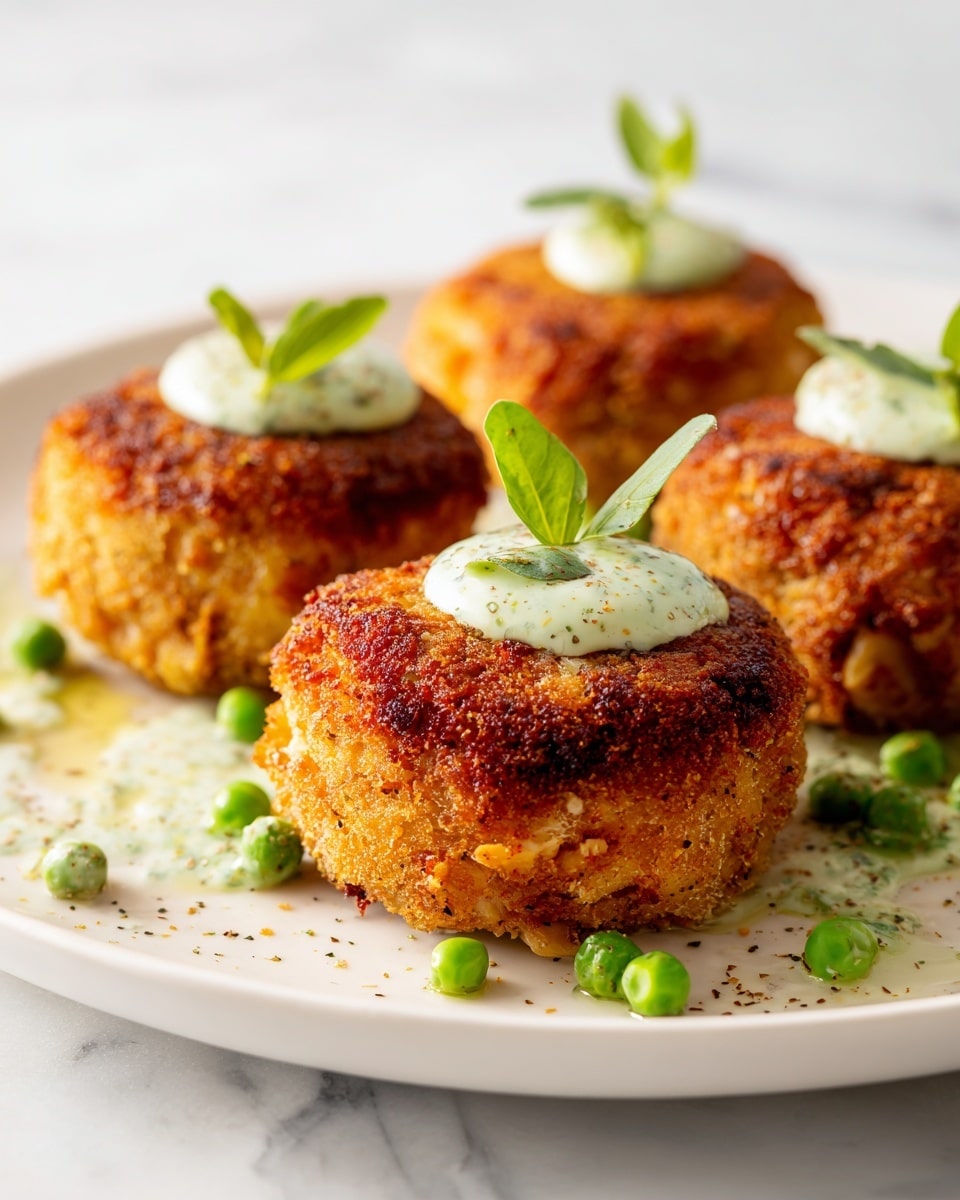 The image shows four round, golden-brown crab cakes with a crispy texture on a white plate. Each crab cake is topped with a small green herb leaf and a dollop of light green creamy sauce. Around the crab cakes are small green peas scattered lightly on the plate, adding a fresh pop of color against the white plate and white marbled background. The crab cakes have a slightly uneven surface showing their homemade nature. Photo taken with an iphone --ar 4:5 --v 7
