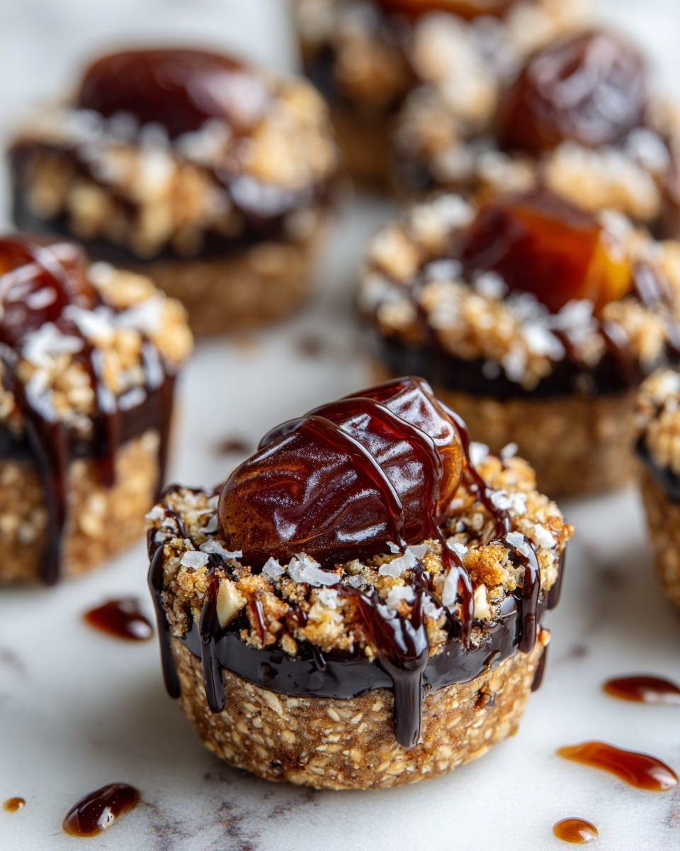 The image shows a close-up of stuffed dates arranged on a white marbled surface. Each date has three visible layers: the bottom is a dark, glossy, sticky date base, the middle is a soft and shiny date flesh, and the top is a crumbly golden brown oat mixture with small white bits scattered in it. Dark chocolate drizzle lines run over the oat topping and some chocolate is also on the marbled surface around the dates. The texture contrasts between the shiny sticky dates, the rough crumbly oats, and smooth chocolate drizzle create a rich, layered look. photo taken with an iphone --ar 4:5 --v 7