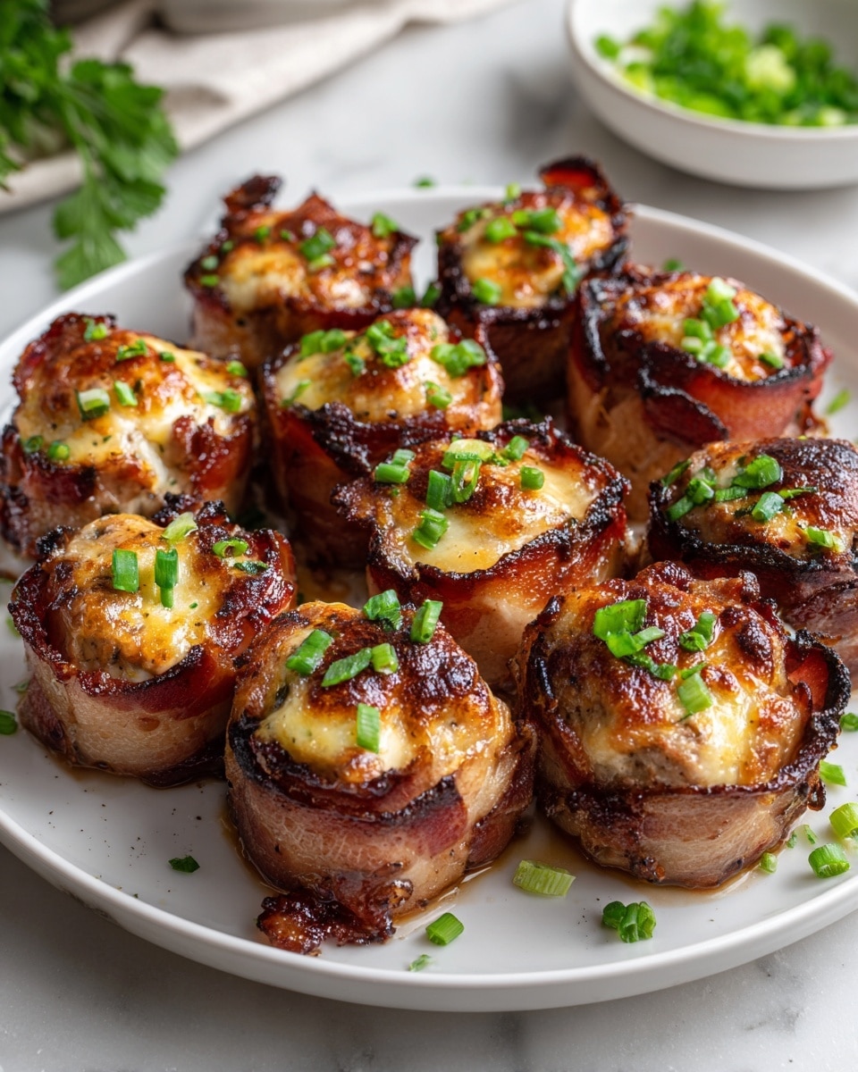 The image shows several small, round bacon-wrapped bites arranged closely on a white rectangular plate. Each piece has a crispy, dark reddish-brown bacon outer layer with slightly charred edges. Inside, there is a golden-brown, bubbly melted cheese layer visible on the top surface. Bright green chopped scallions or green onions are sprinkled on the cheese, adding a fresh pop of color. The plate rests on a wooden surface with a white marbled texture in the background, and a small white bowl with extra green onions is placed out of focus behind the plate. photo taken with an iphone --ar 4:5 --v 7