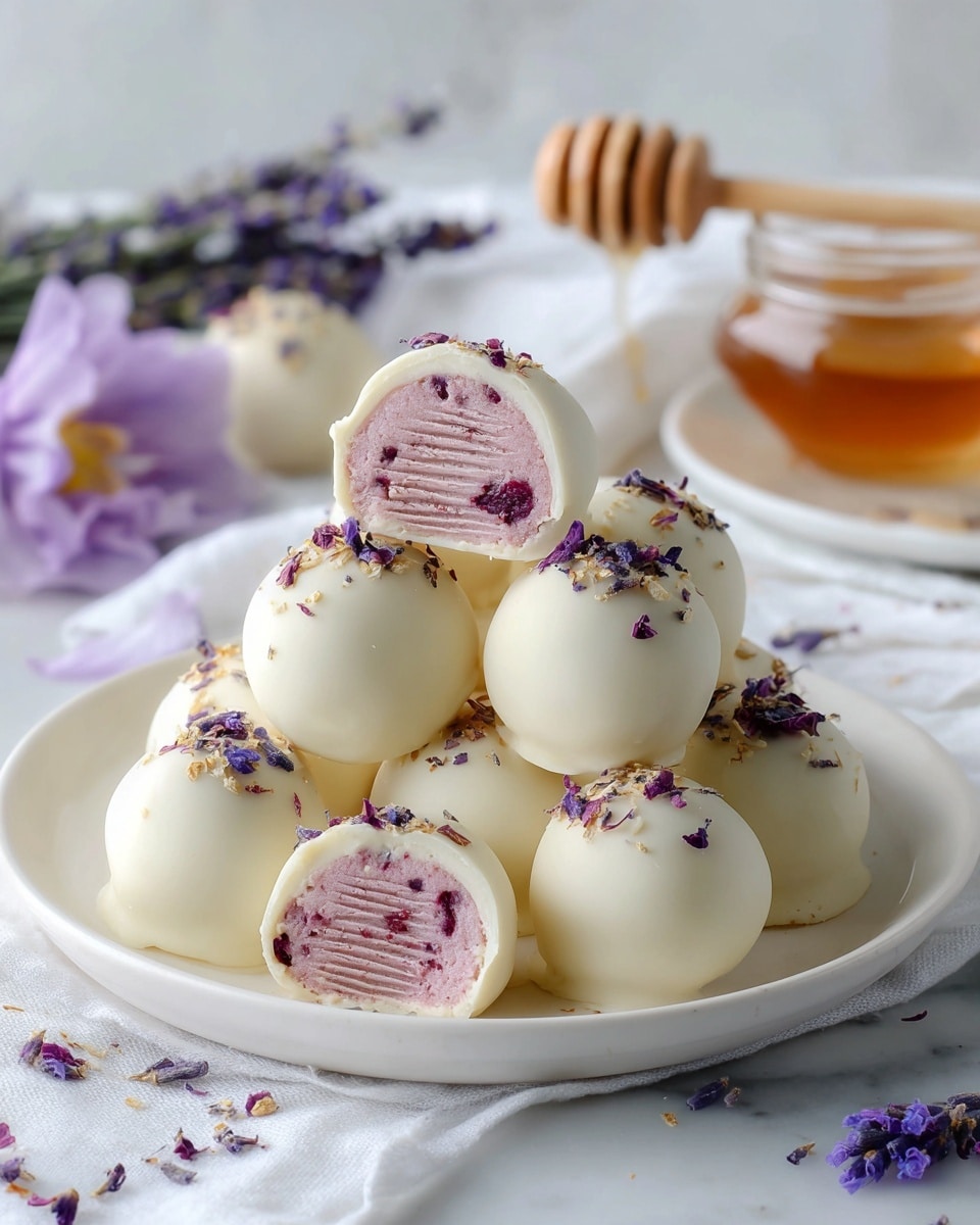 A stack of nine smooth, round white chocolate balls sit on two white plates. One ball has a bite showing a light pink, creamy inside with ridges, giving a layered look. Small purple edible flowers are gently scattered on the balls and plates, adding soft color details. The plates rest on a white, soft-textured cloth on a white marbled surface. In the background, a honey dipper and a tall, ribbed white container are softly blurred. Some purple flowers hang down from above, adding a delicate touch. photo taken with an iphone --ar 4:5 --v 7