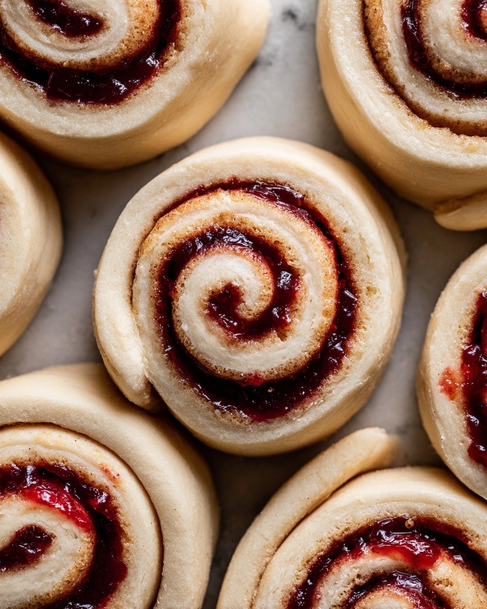 The image shows several uncooked cinnamon rolls tightly placed together. Each roll has multiple layers of dough spiraled with a dark purple-red jam spread between the layers. The dough is light beige and soft looking, while the jam filling has a slightly glossy and textured appearance with some small bits visible. The rolls are set close side by side on a flat flat surface. The background is a white marbled texture. photo taken with an iphone --ar 4:5 --v 7