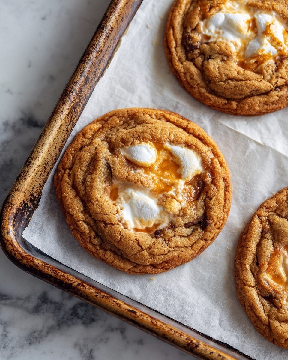 The image shows three round cookies on a baking tray lined with white parchment paper. Each cookie is golden brown with a slightly crinkled surface texture. The cookies have a soft, chewy look with small patches of melted white marshmallow unevenly spread in the center, giving a gooey, shiny contrast to the matte cookie dough. The edges are crisp with a slightly darker brown color, while the middle remains lighter and softer. The baking tray is dark with a rustic, worn metal texture. The background features a white marbled texture. photo taken with an iphone --ar 4:5 --v 7