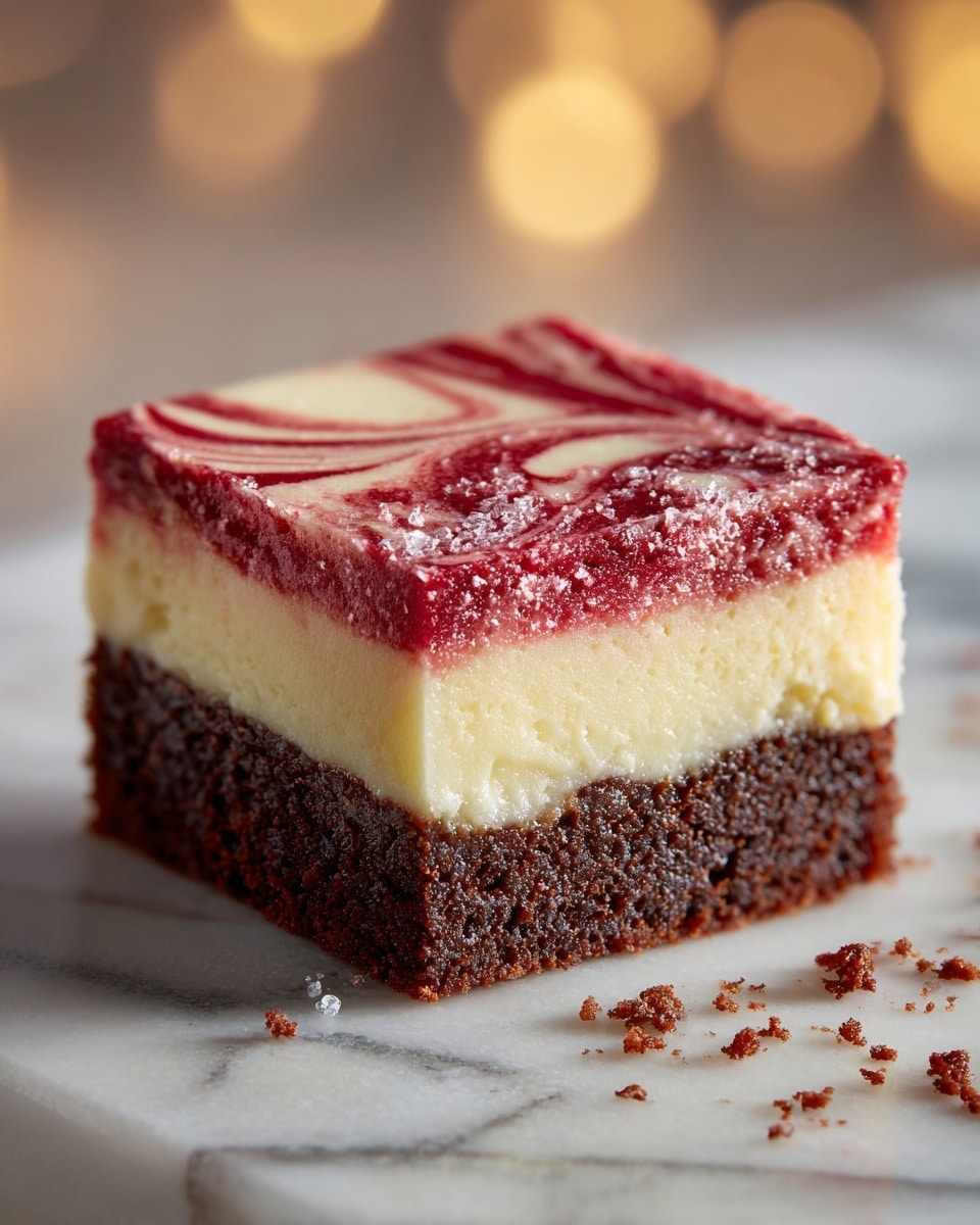 A close-up of a square dessert with three distinct layers is shown, placed on a white marbled surface with some red crumbs scattered around. The bottom layer is thick and dark red-brown, appearing moist and soft like chocolate cake. The middle layer is a creamy white cheesecake, smooth and dense, creating a strong color contrast to the cake layer below. The top layer is a bright red swirl of glossy fruit or berry sauce, lightly marbled with white cream, adding texture and a shiny finish. The front corner has a small bite taken out, revealing the inside of all three layers clearly. More pieces of the same dessert are blurred in the background. photo taken with an iphone --ar 4:5 --v 7