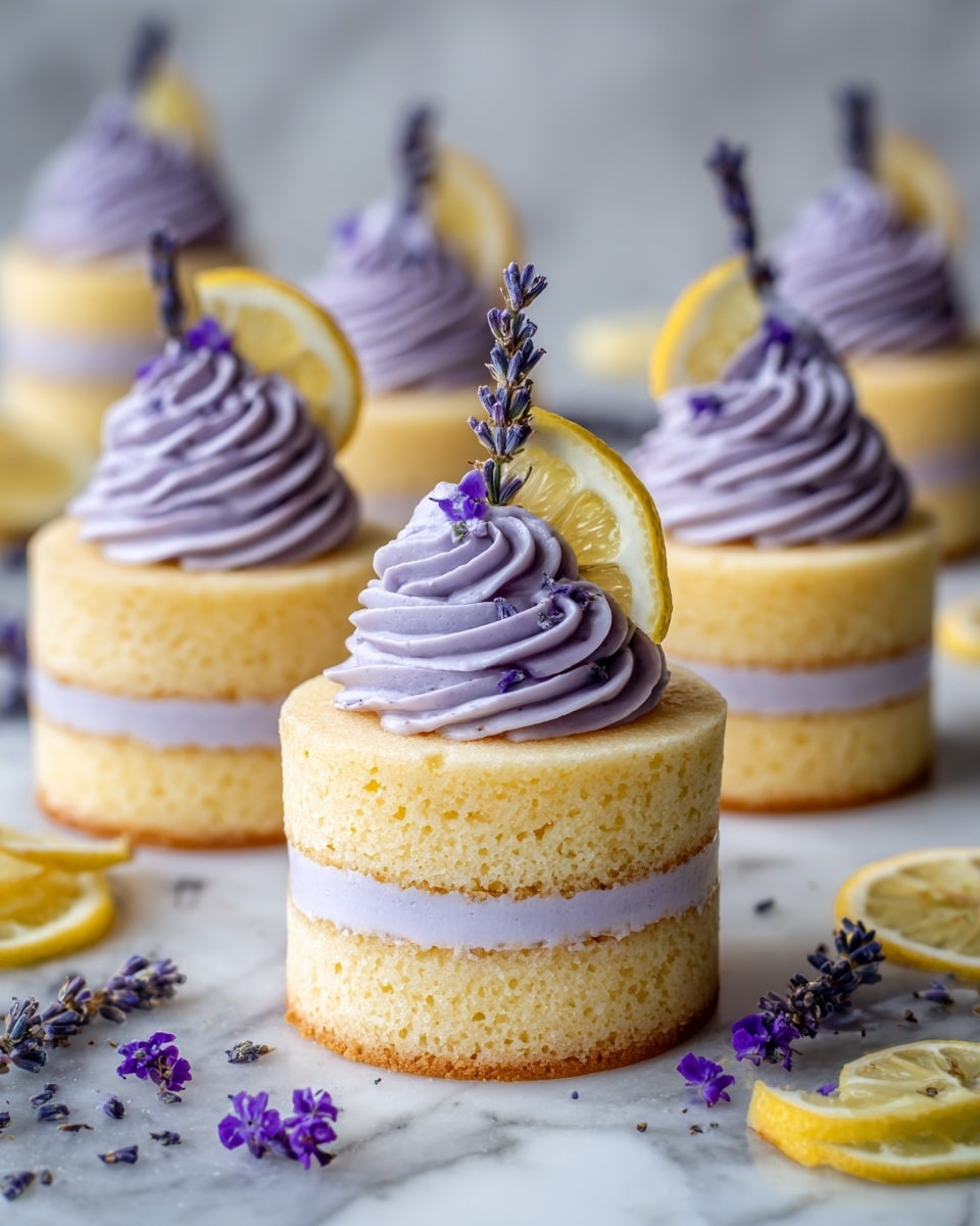 The image shows several round mini cakes, each with three layers: two light yellow sponge cake layers on the top and bottom, and a thick, creamy light purple filling in the middle. On top of each cake, there is a swirl of the same light purple cream, decorated with a small sprig of lavender flowers and a thin slice of lemon standing upright. The cakes are placed directly on a white marbled surface, with scattered lavender buds and lemon slices around them. The cakes look soft and delicately decorated with a fresh and clean appearance. photo taken with an iphone --ar 4:5 --v 7