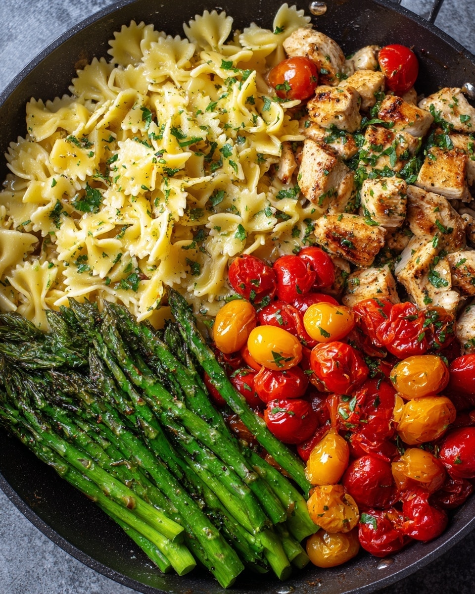 A round silver pan filled with three clear sections: on the top right, there are light beige cooked tortellini with a slight green herb sauce; on the bottom right, chunks of cooked chicken mixed with halved red and yellow cherry tomatoes, giving a mix of brown, red, and yellow colors; on the left side, bright green cooked asparagus spears with more red and yellow cherry tomatoes scattered on top. The background is a white marbled texture. Photo taken with an iphone --ar 4:5 --v 7