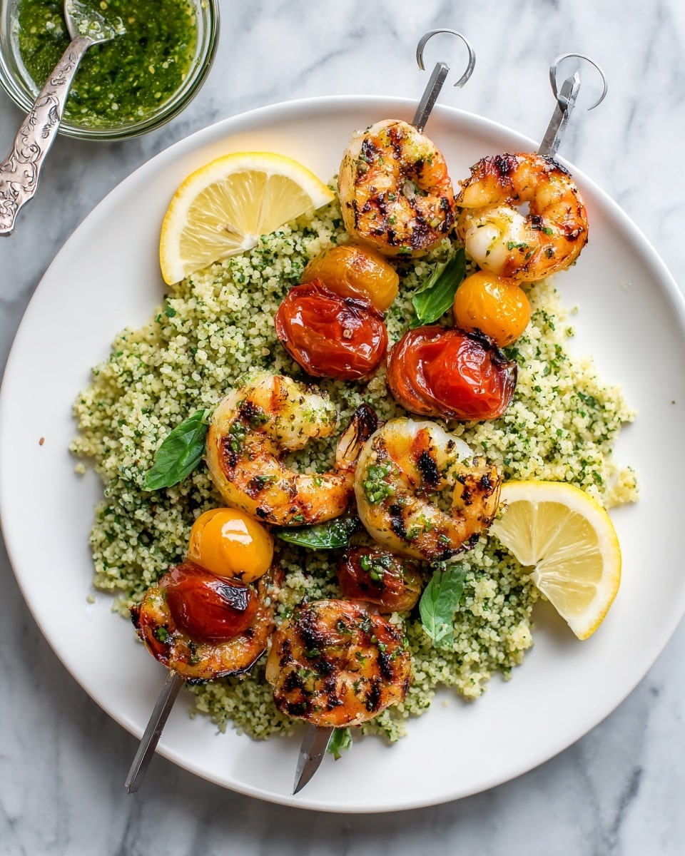A white round plate with two skewers of grilled shrimp placed on top of a bed of green herb-coated couscous. Each skewer has five large shrimps with char marks and two cherry tomatoes, one red and one yellow. The couscous underneath is light green with small basil leaves scattered throughout. There are two lemon wedges positioned on the plate, one near the top and one near the bottom. A small glass bowl with green sauce and a spoon is placed at the top right on a white marbled surface. photo taken with an iphone --ar 4:5 --v 7