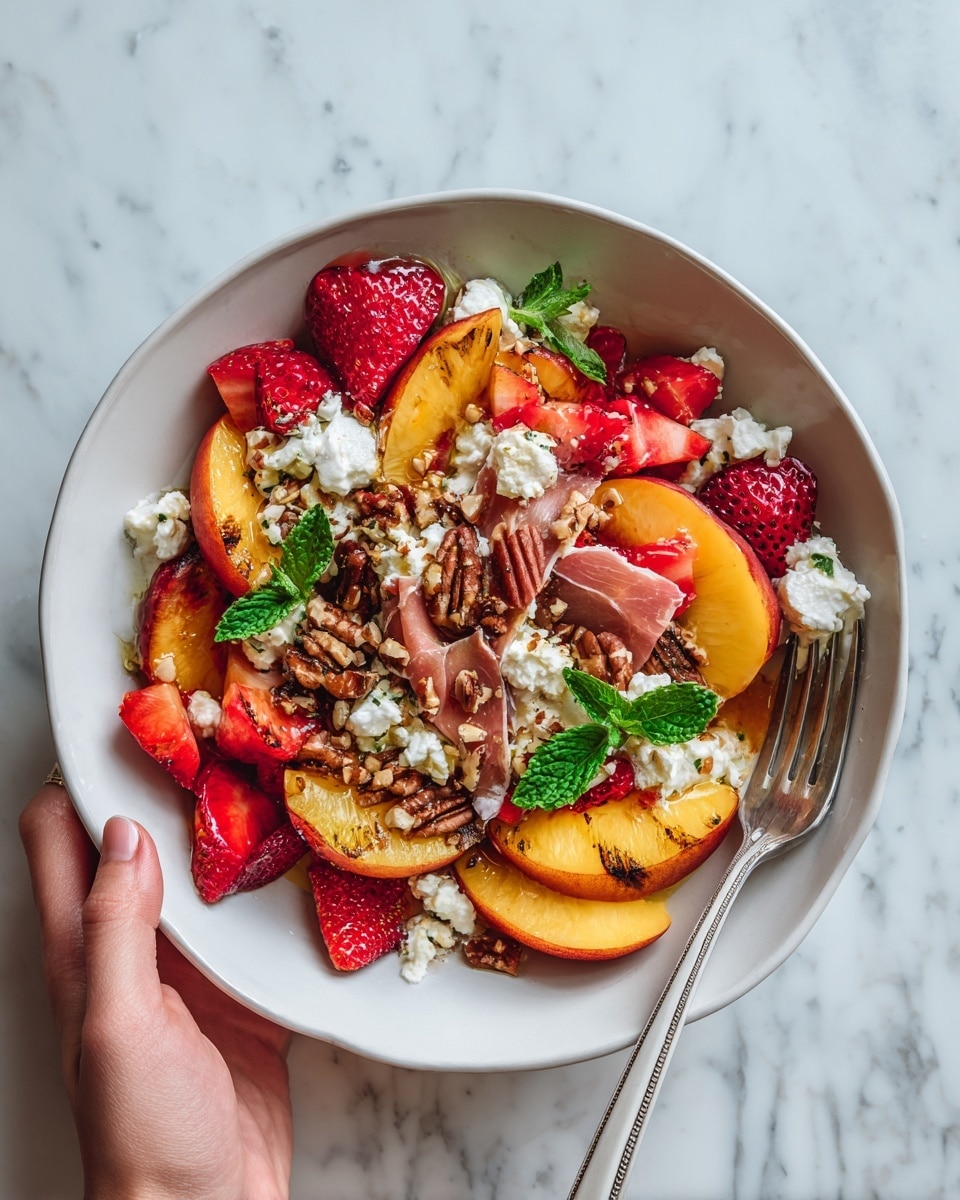 A white bowl filled with colorful grilled peaches layered at the bottom, topped with fresh strawberries, small green mint leaves, and dollops of soft white cheese scattered throughout. Thin slices of pink prosciutto are draped over the fruits, adding texture and depth. There are also some nuts sprinkled lightly on top, along with a drizzle of honey giving a slight shine. The bowl sits on a white marbled surface, with a woman's hand holding a white fork to the right. photo taken with an iphone --ar 4:5 --v 7