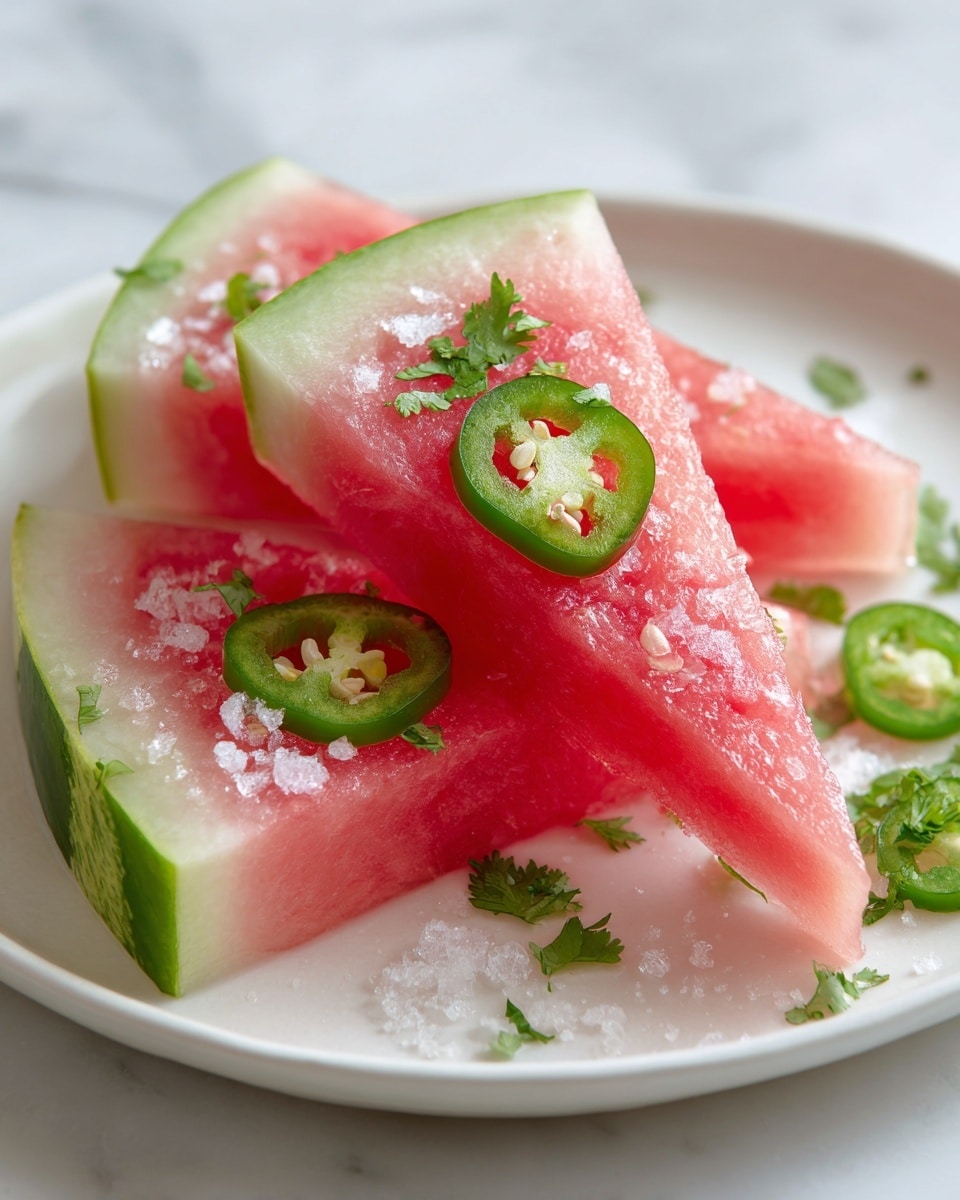 A triangular slice of watermelon with a light green rind and bright red flesh sits on a white plate. On top of the watermelon slice are small pieces of chopped green herbs, thin slices of green jalapeño peppers, and a scattering of tiny white seeds or grains. The surface of the plate has a few droplets of liquid, adding a fresh look. The background is a white marbled texture. photo taken with an iphone --ar 4:5 --v 7
