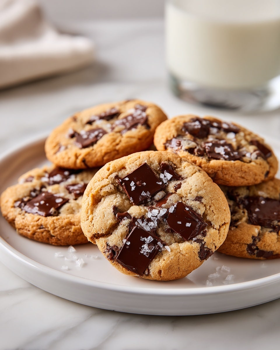 A close-up of six round cookies stacked on a white plate with a speckled brown rim, each cookie showing a cracked light brown surface with rich dark melted chocolate patches scattered on top. Small white flakes of sea salt are sprinkled over the chocolate, adding texture and contrast. The cookies have a rough and crumbly texture, and the plate sits on a white marbled surface. In the background, a blurred glass of milk is visible. photo taken with an iphone --ar 4:5 --v 7